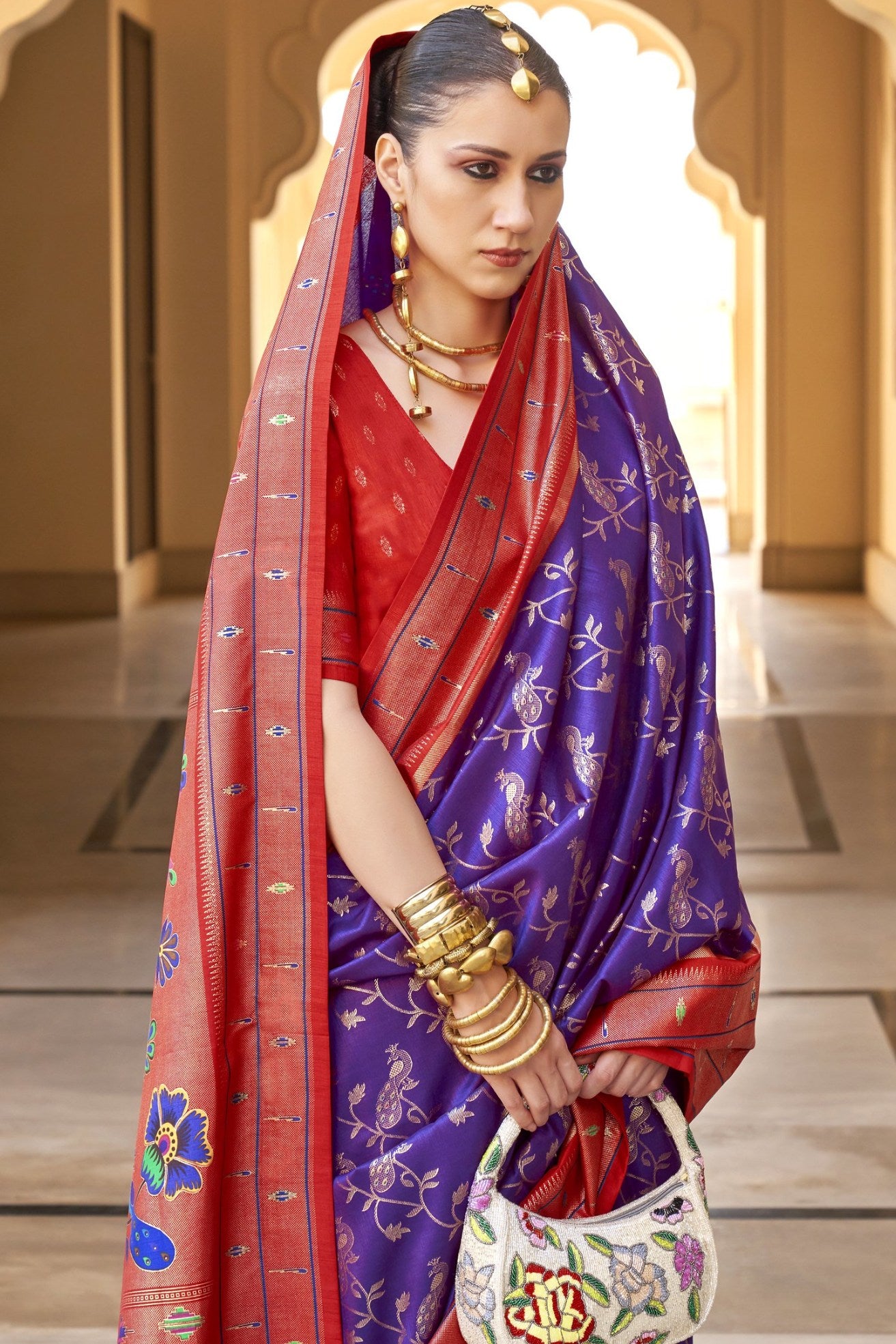 Buy MySilkLove Purple Heart and Red Woven Paithani Designer Saree Online