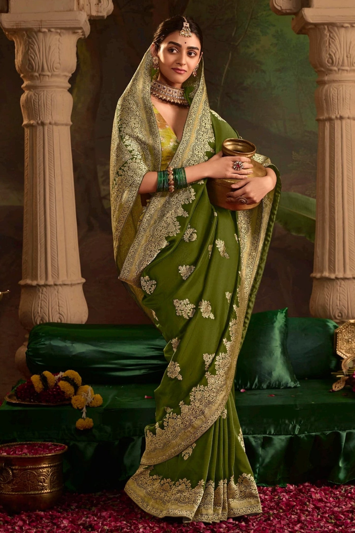 Buy MySilkLove Madras Green Designer Banarasi Dola Silk Saree Online