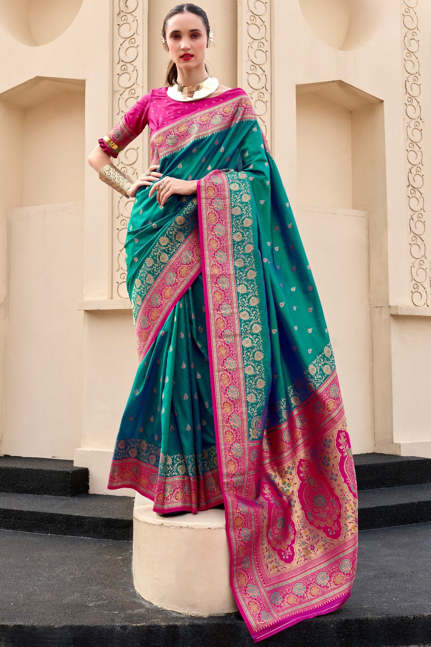 Buy MySilkLove Greenish Cyan Woven Banarasi Saree Online