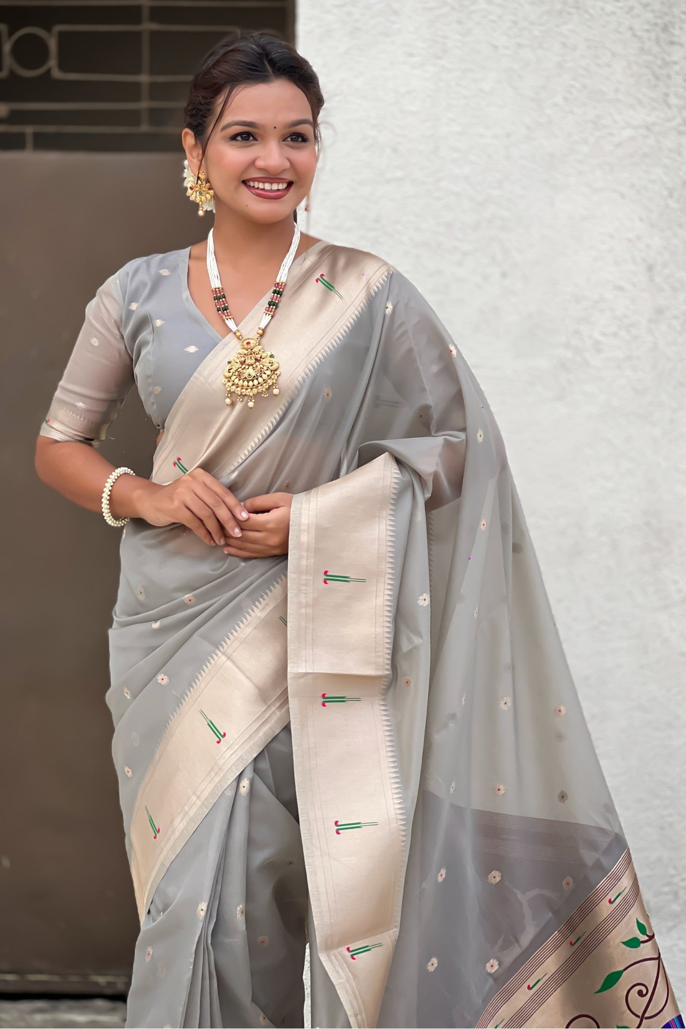 Buy MySilkLove Steel Grey Organza Woven Paithani Saree Online