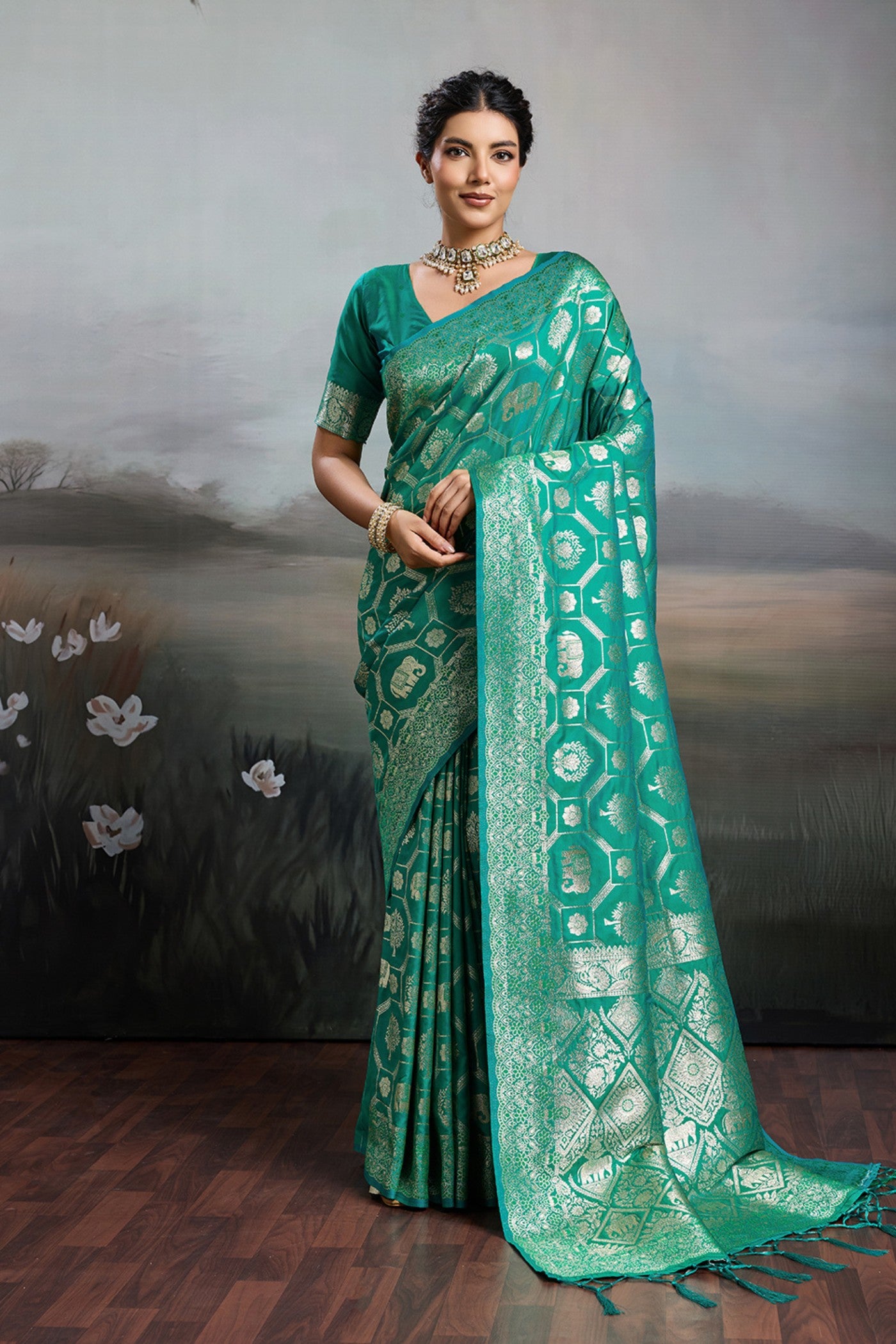 Buy MySilkLove Myrtle Green Woven Banarasi Soft Silk Saree Online