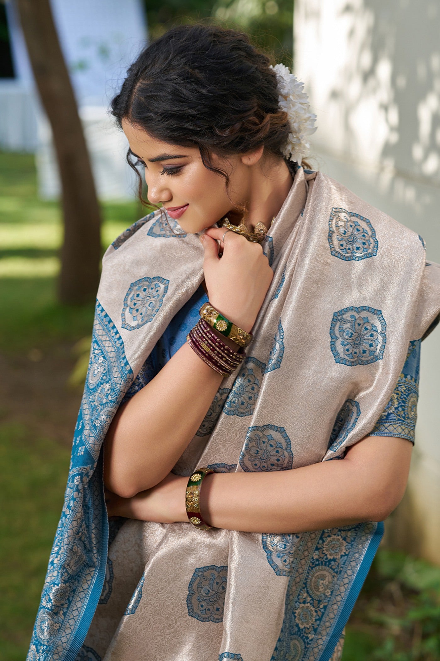 Buy MySilkLove Oyster Cream and Blue Woven Banarasi Saree Online