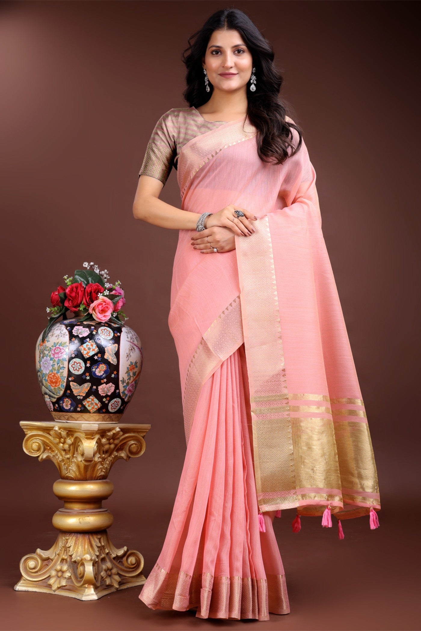 Buy MySilkLove Blush Pink Woven Cotton Saree Online
