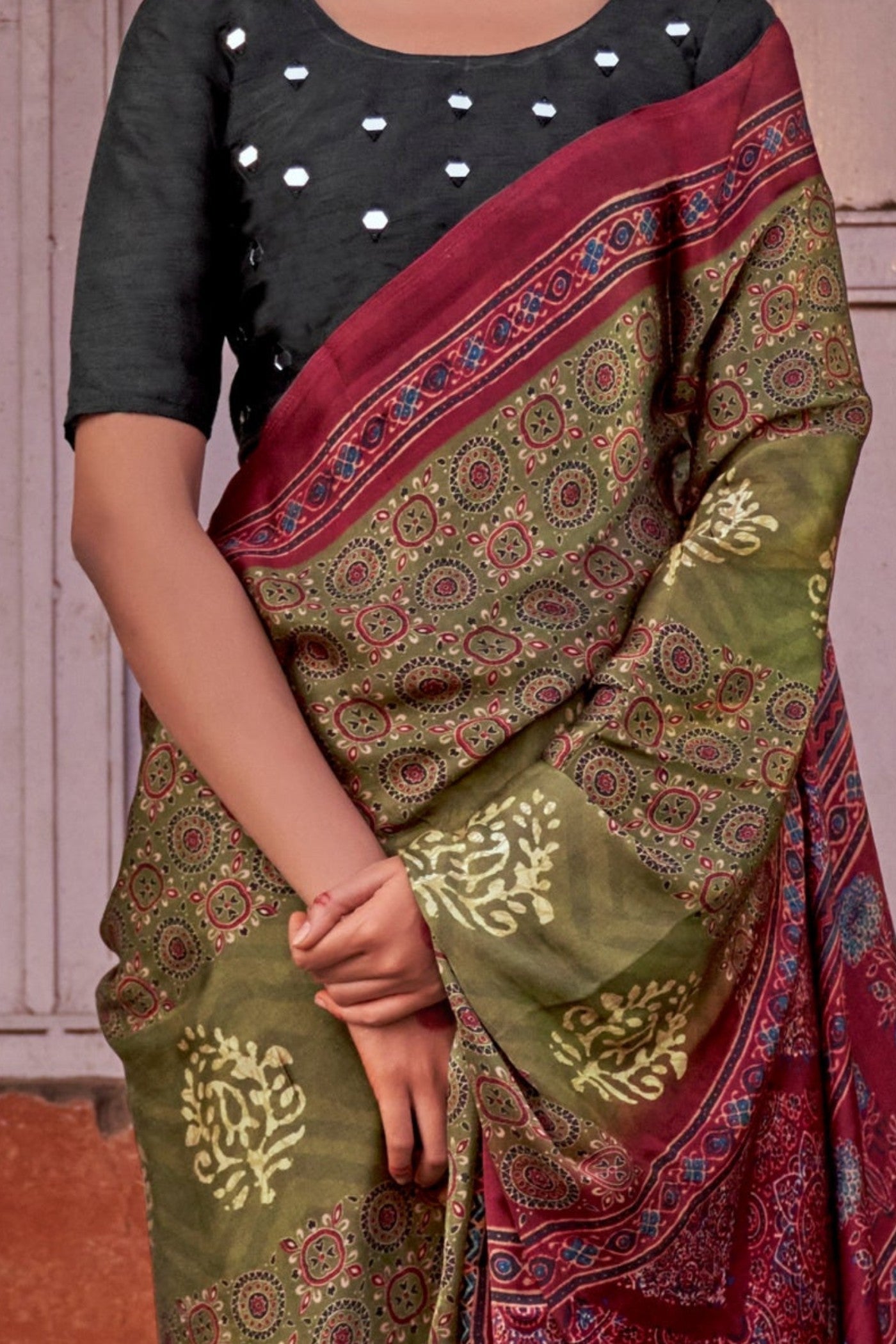 Buy MySilkLove Locust Green and Maroon Ajrakh Handprinted Satin Saree Online