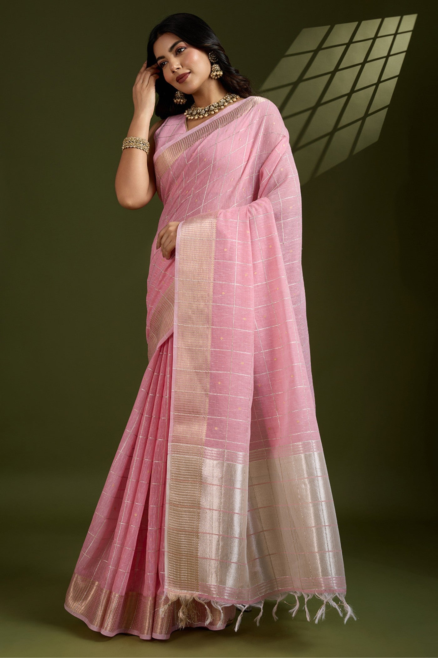 Buy MySilkLove Shimmer Pink Woven Tissue Linen Saree Online