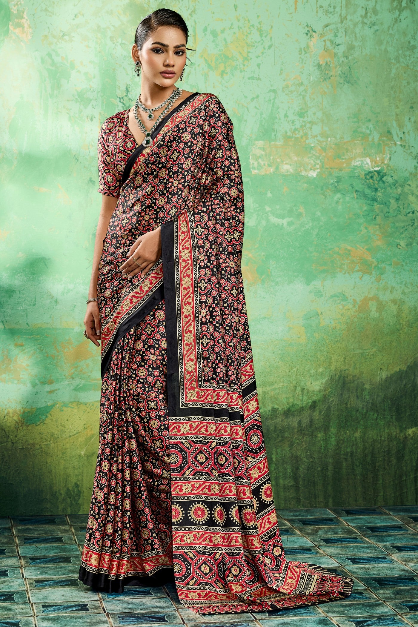 Buy MySilkLove Raven Glow Black Modal Ajrakh Satin Printed Silk Saree Online