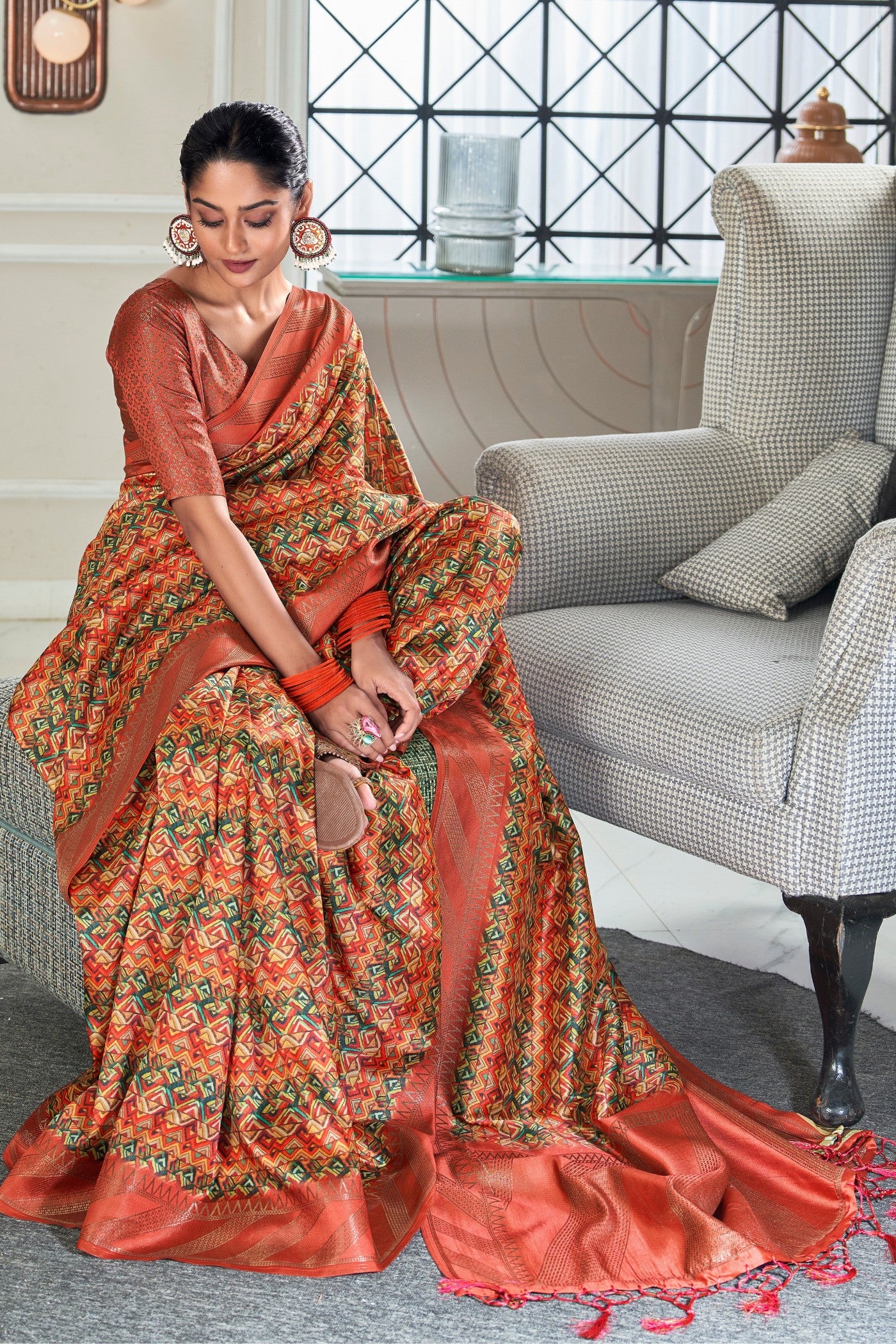 Buy MySilkLove Crail Red Digital Printed Banarasi Saree Online