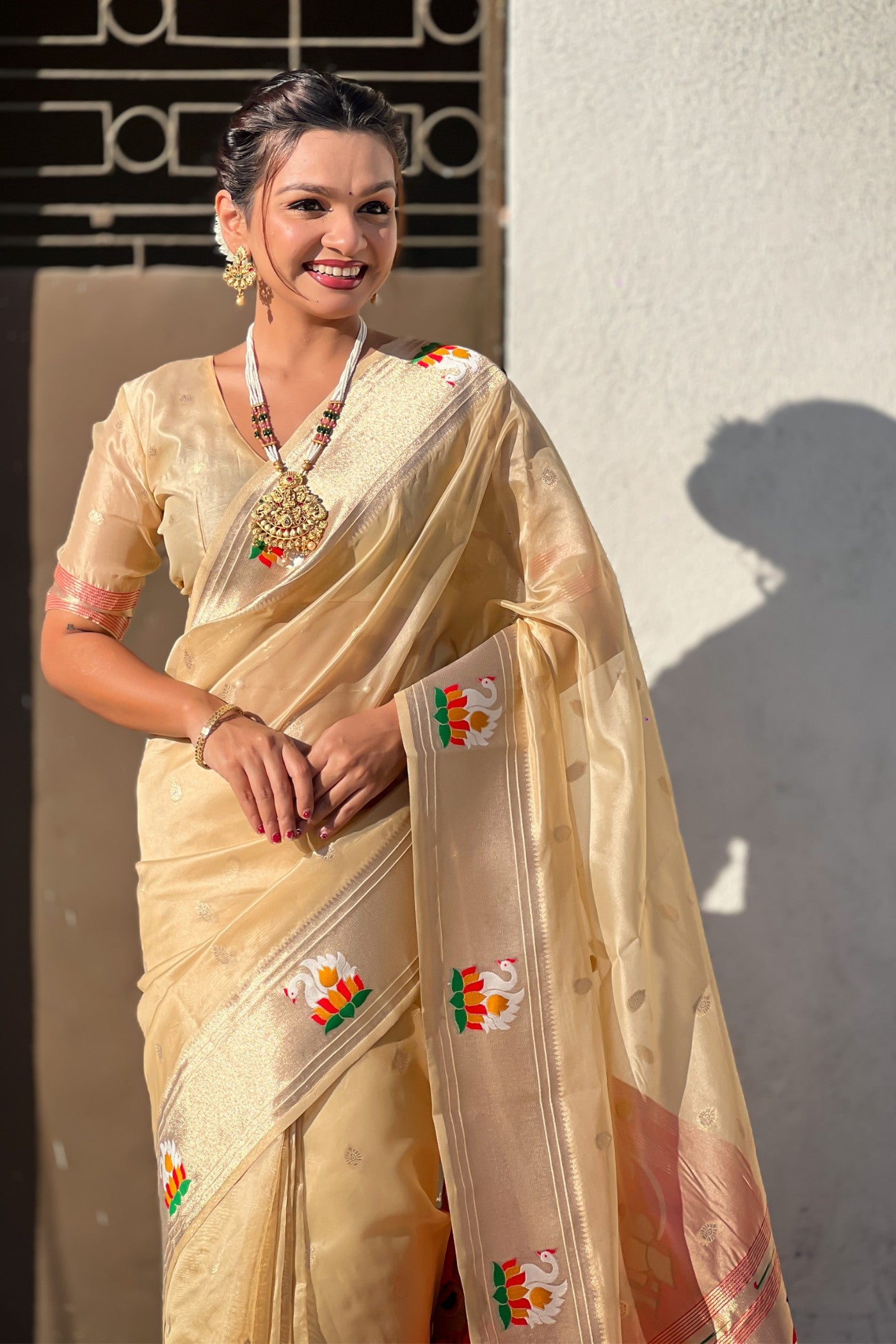 Buy MySilkLove Classic Cream Organza Woven Paithani Saree Online