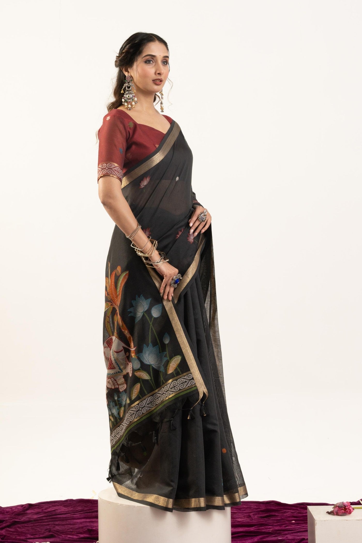 Buy MySilkLove Eclipse Black Woven Soft Muga Cotton Saree Online