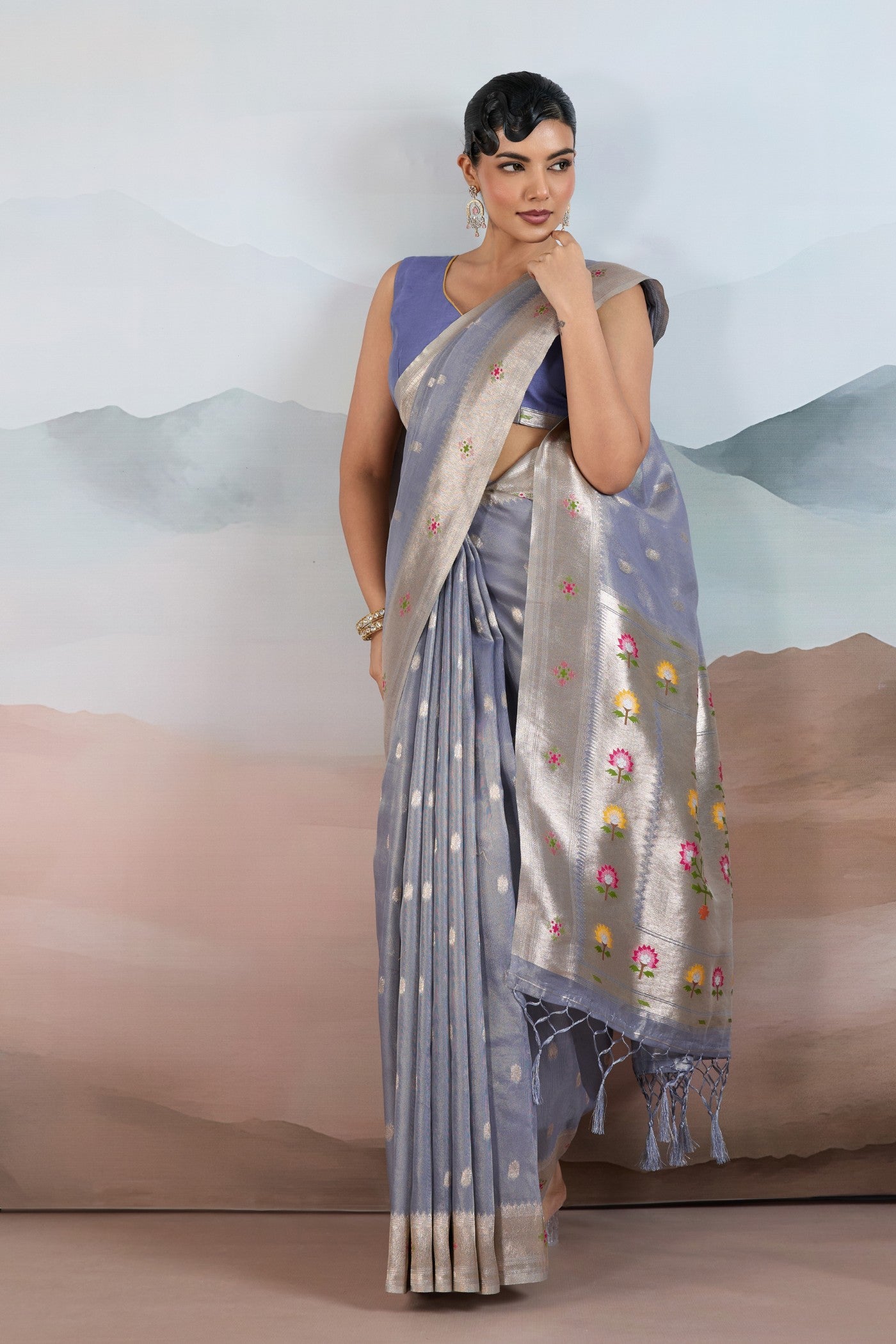 Buy MySilkLove Opaline Grey Zari Woven Tissue Paithani Saree Online
