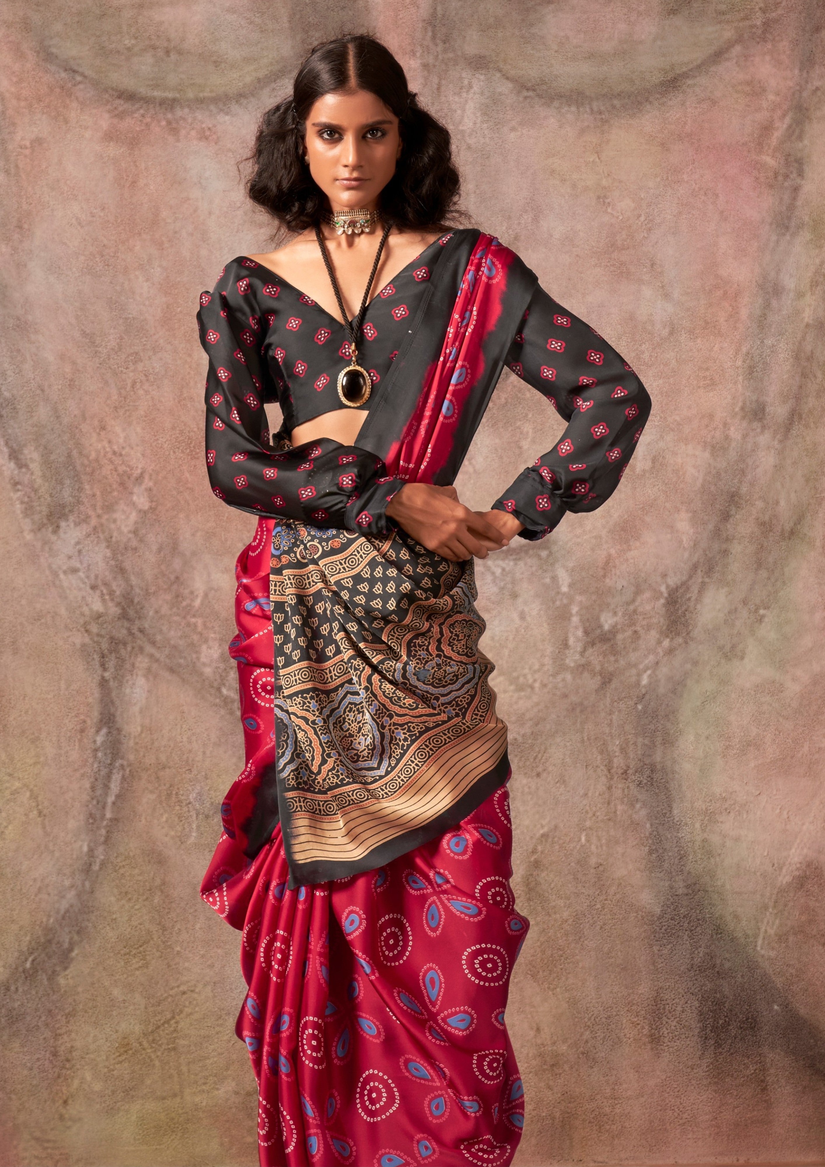 MySilkLove Falun Red Ajrakh Printed Satin Georgette Silk Saree