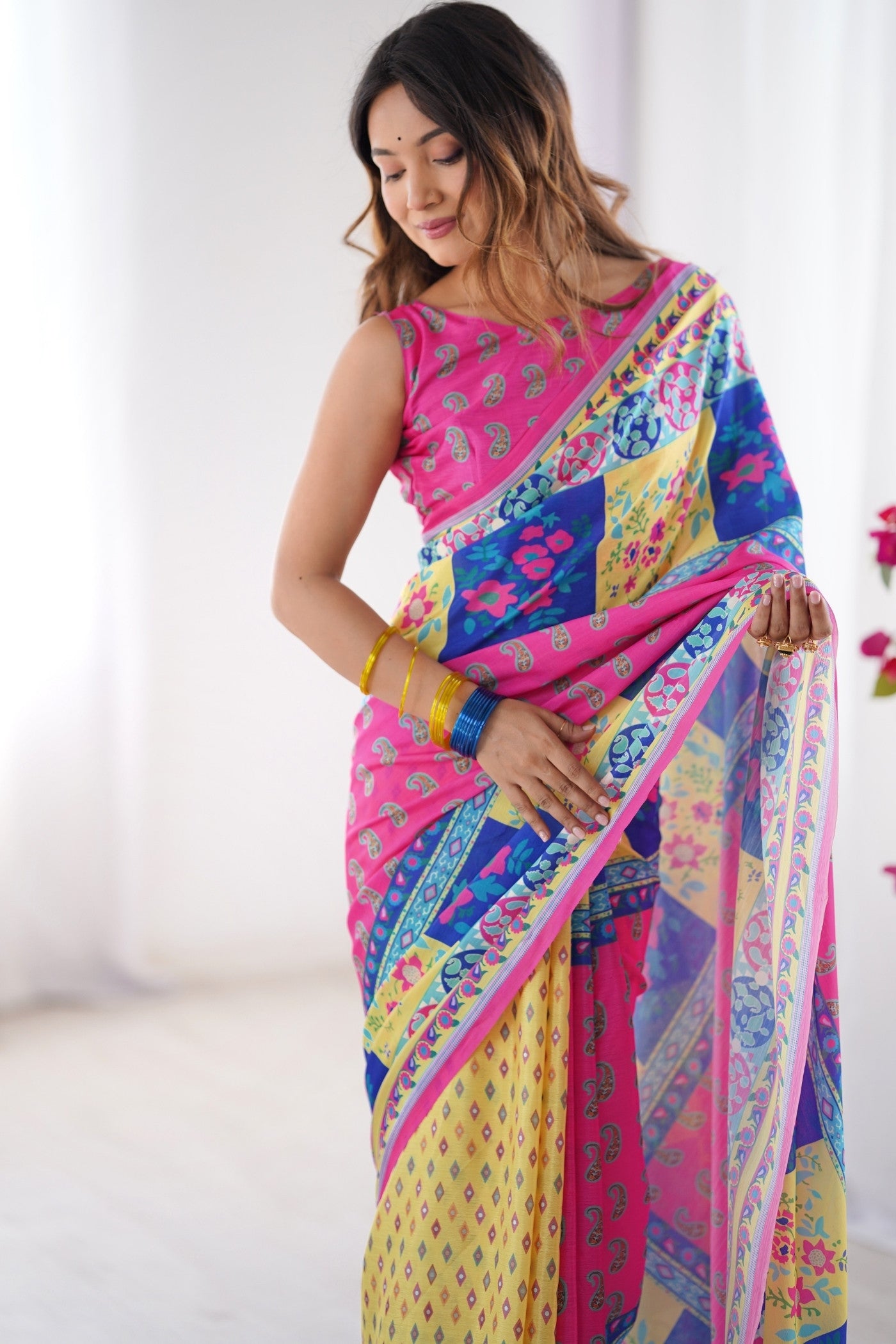MySilkLove Multicolor Pink Chinon Printed Saree