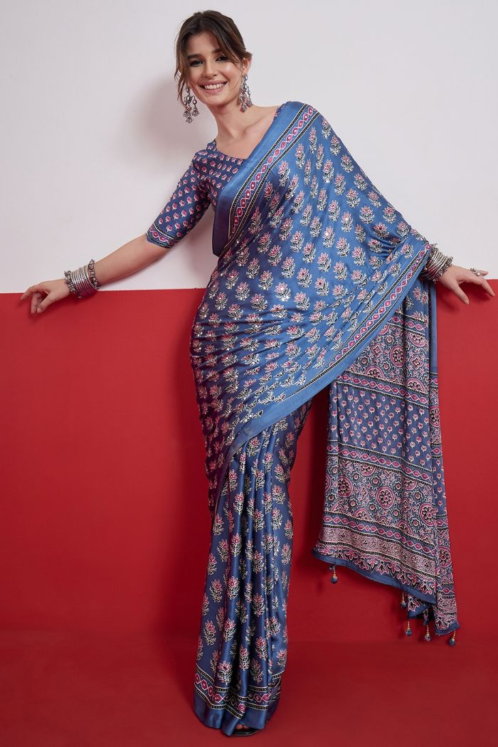 Buy MySilkLove Cloud Blue Modal Ajrakh Satin Printed Mirror Work Saree Online