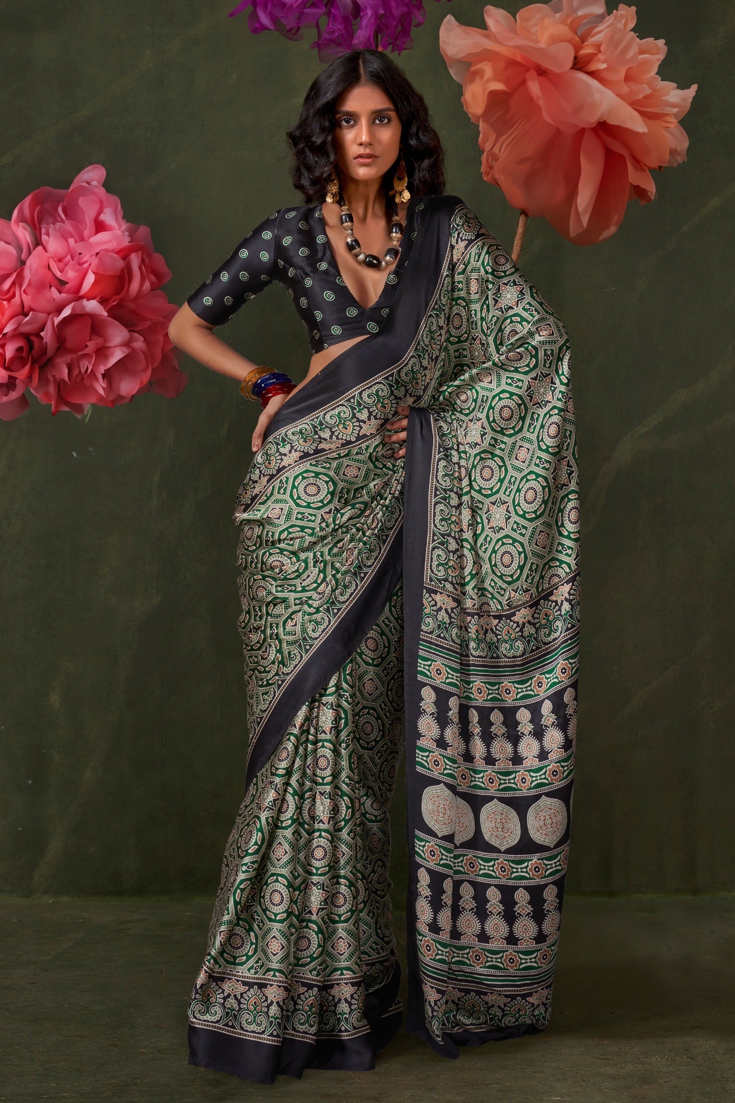 Buy MySilkLove Castleton Green Ajrakh Printed Satin Crepe Silk Saree Online