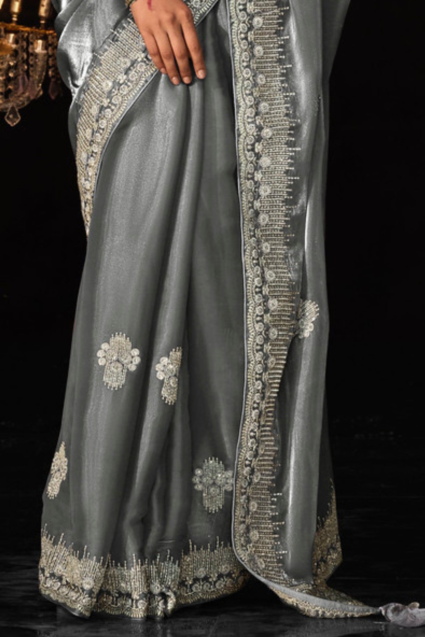 Buy MySilkLove Graphite Grey Tissue Embroidered Designer Saree Online