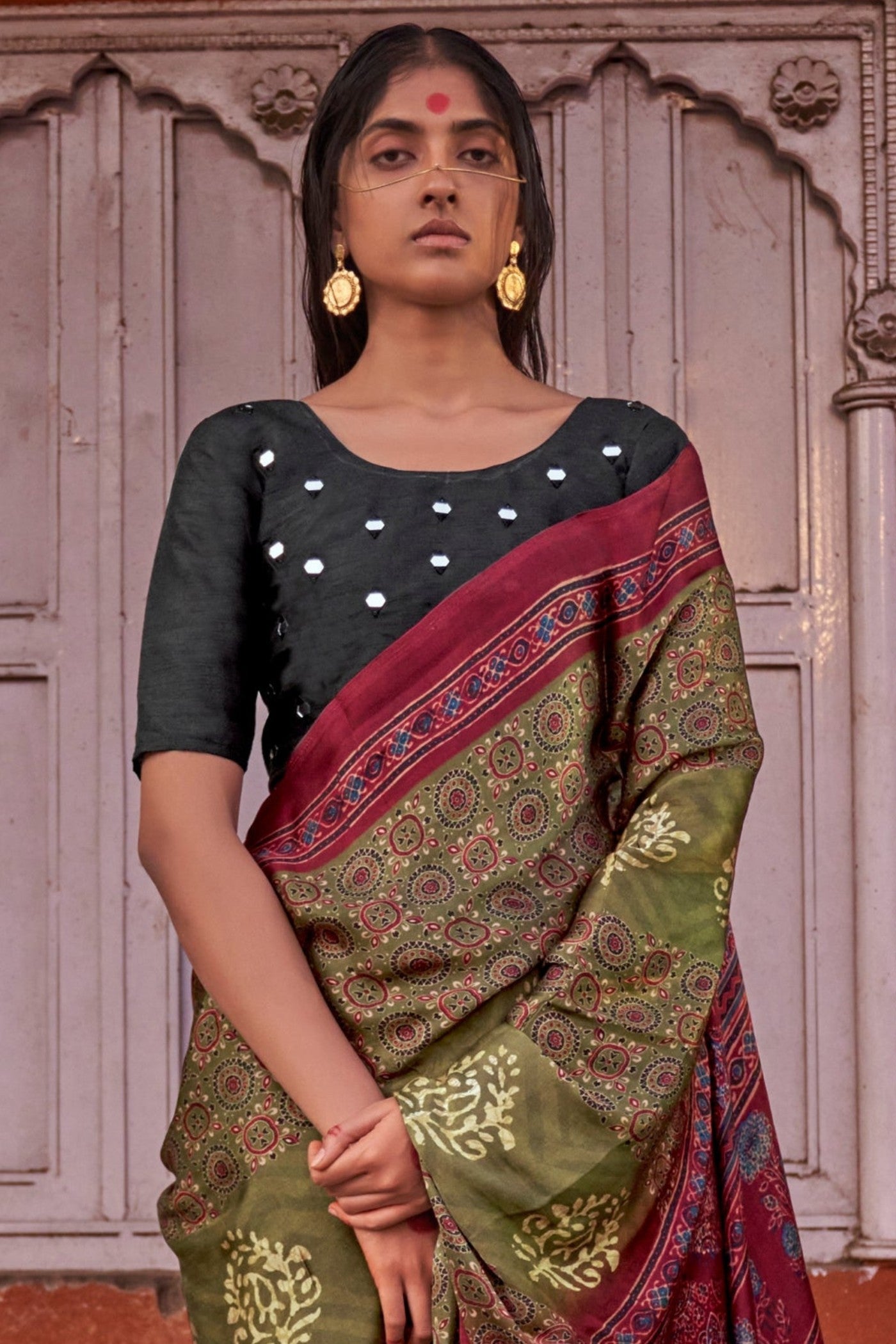 Buy MySilkLove Locust Green and Maroon Ajrakh Handprinted Satin Saree Online