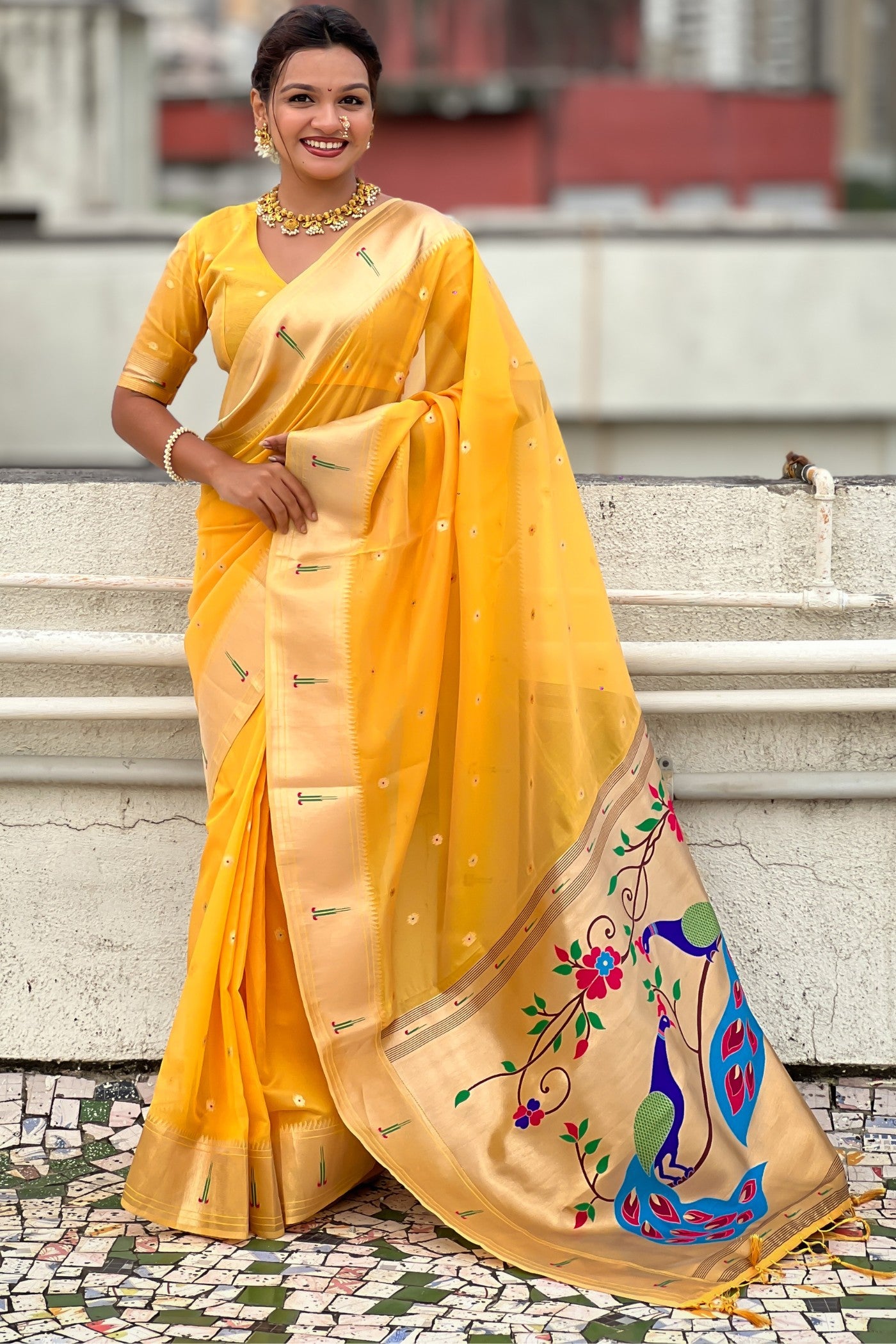 Buy MySilkLove Amber Yellow Organza Woven Paithani Saree Online