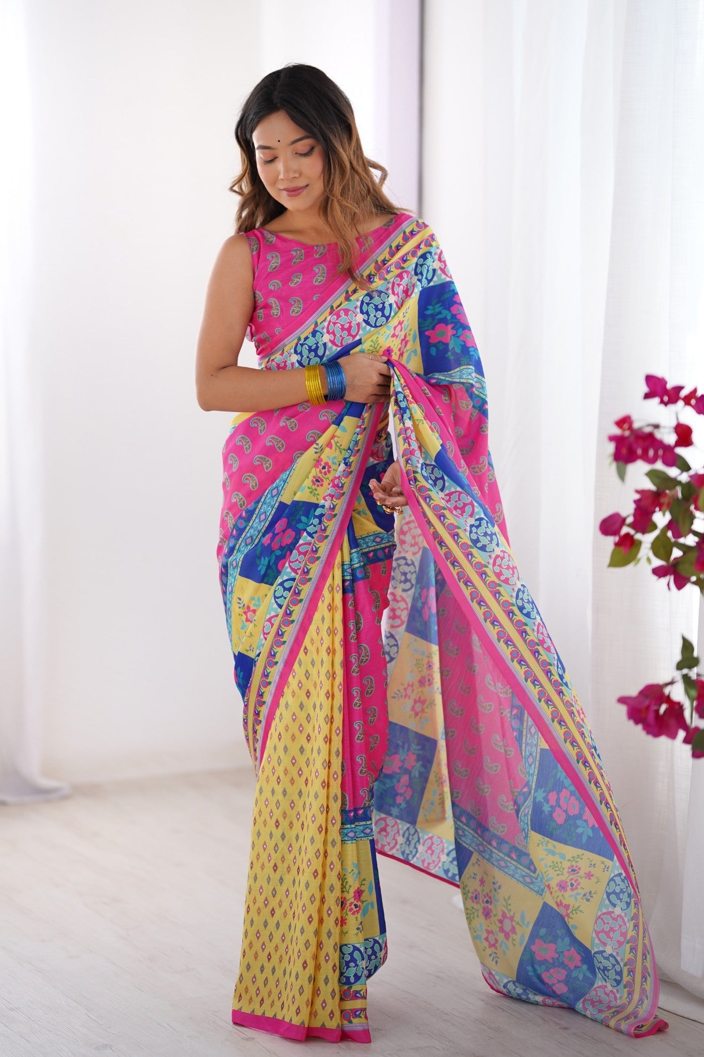 Buy MySilkLove Multicolor Pink Chinon Printed Saree Online
