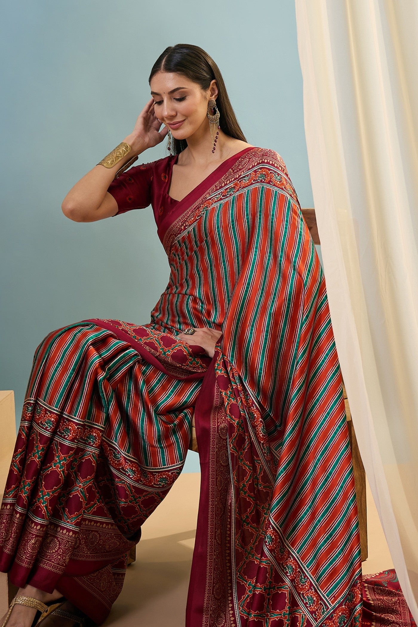 Buy MySilkLove Sanguine Brown Ajrakh Printed Satin Crepe Silk Saree Online