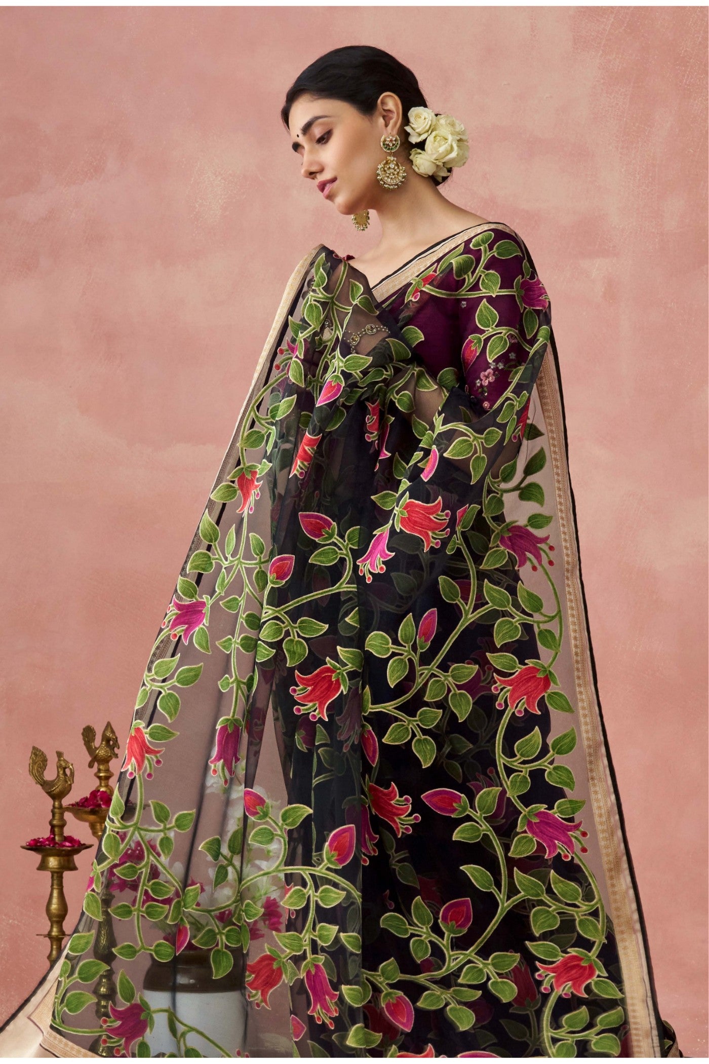 Buy MySilkLove Creole Black Brasso Organza Printed Saree Online