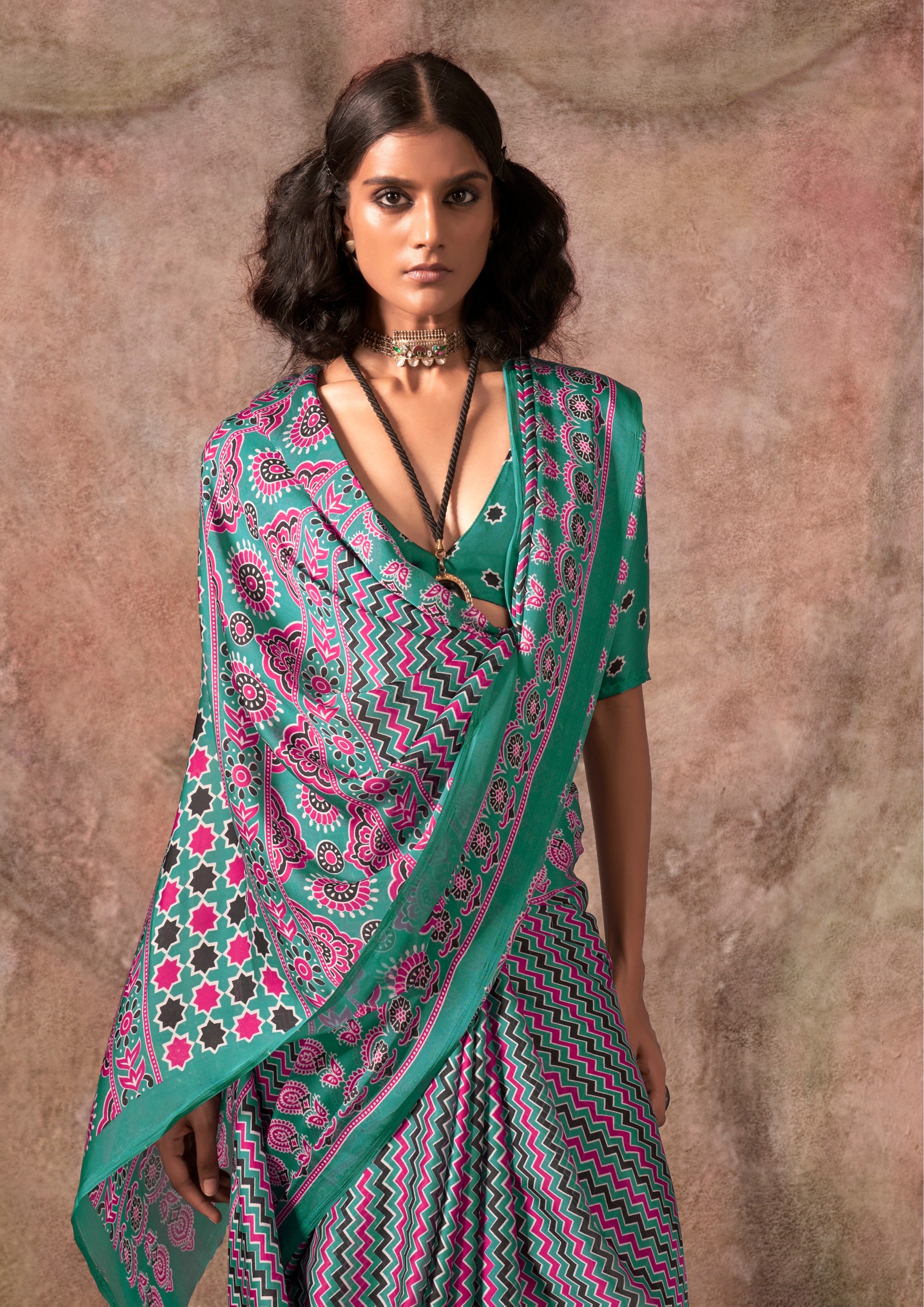 MySilkLove Arsenic Grey and Green Ajrakh Printed Satin Georgette Silk Saree
