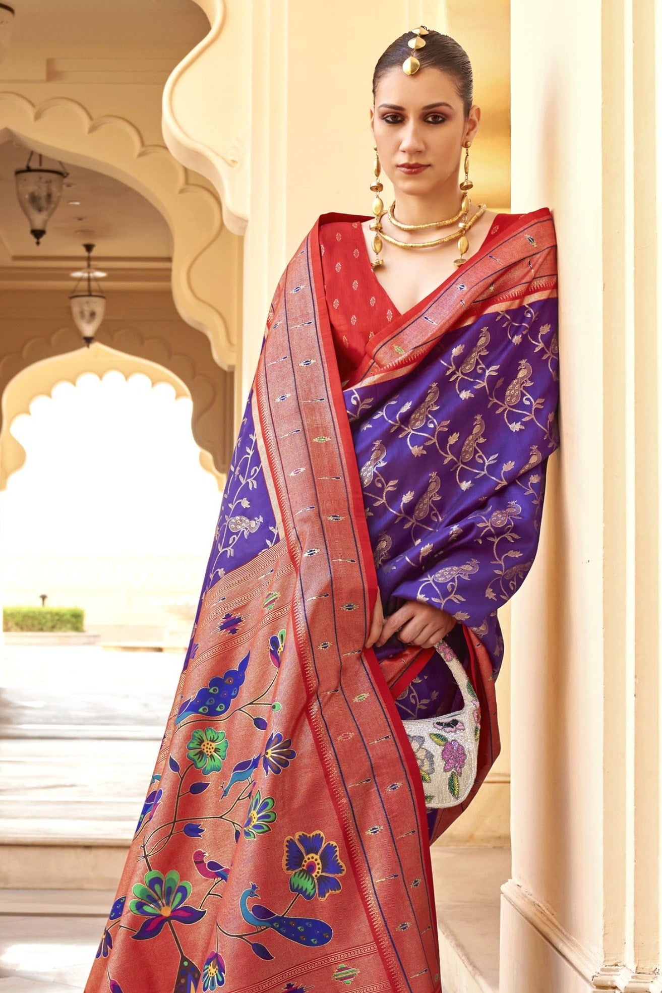 Buy MySilkLove Purple Heart and Red Woven Paithani Designer Saree Online