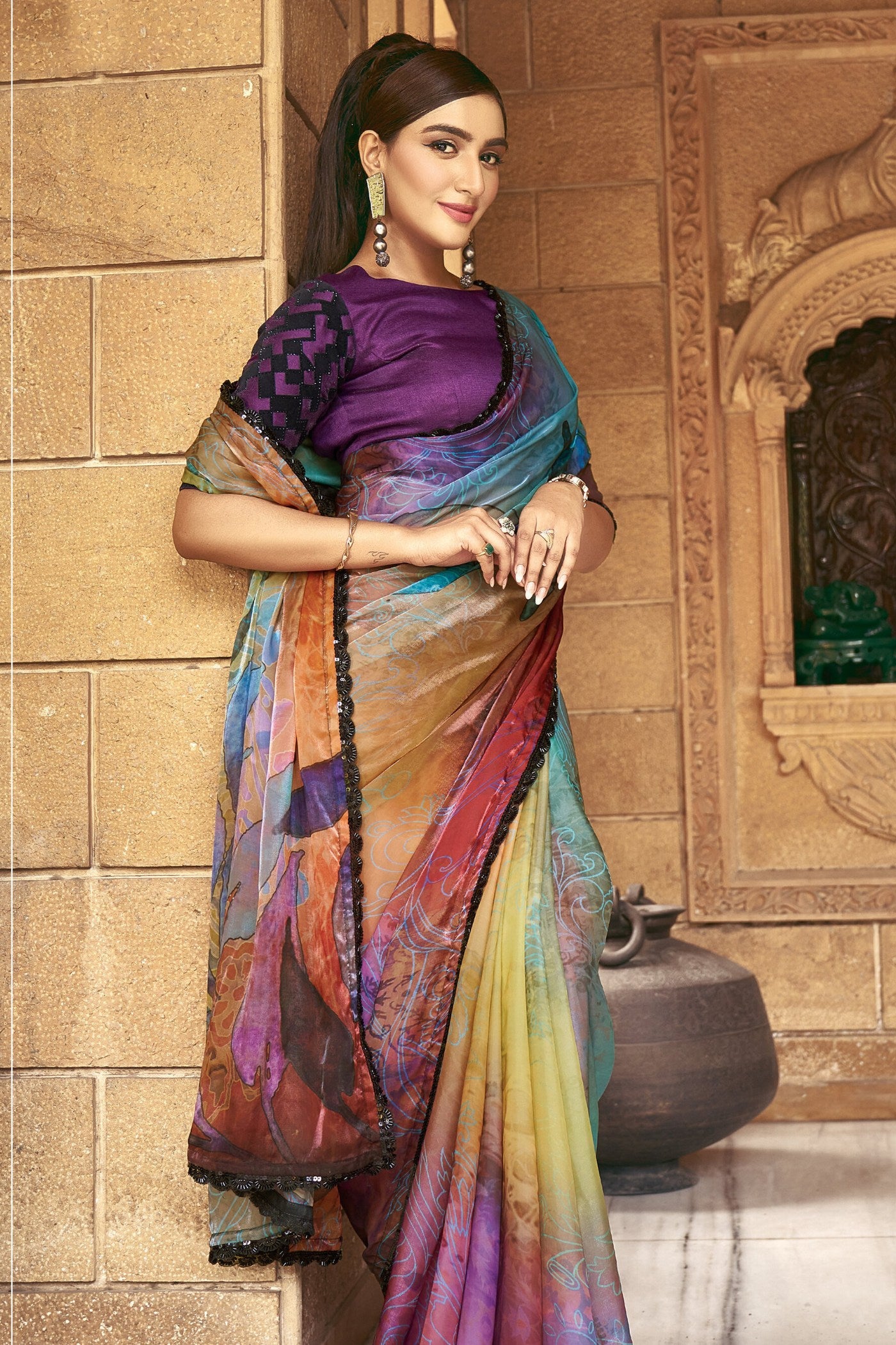 Buy MySilkLove Multicolor Blue Satin Printed Silk Saree Online