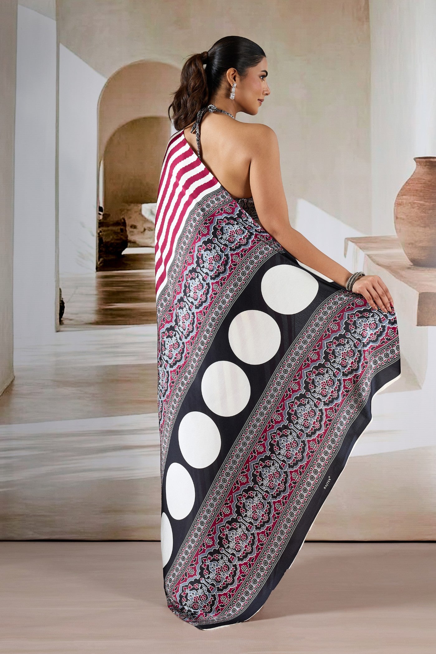 Buy MySilkLove Rosewood Maroon Stripe Ajrakh Printed Satin Crepe Silk Saree Online