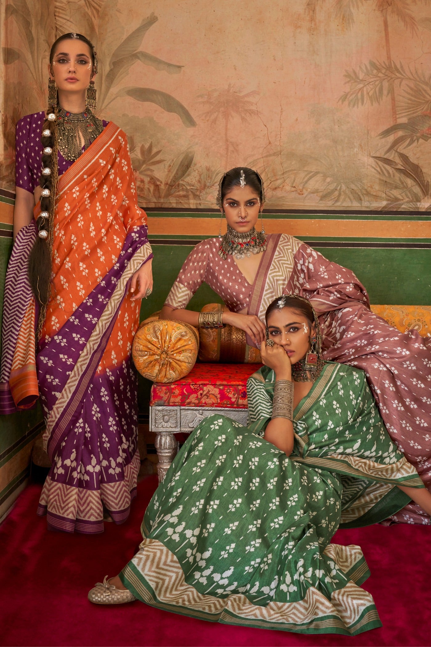 Buy MySilkLove Flamingo Orange and Brown Printed Patola Saree Online