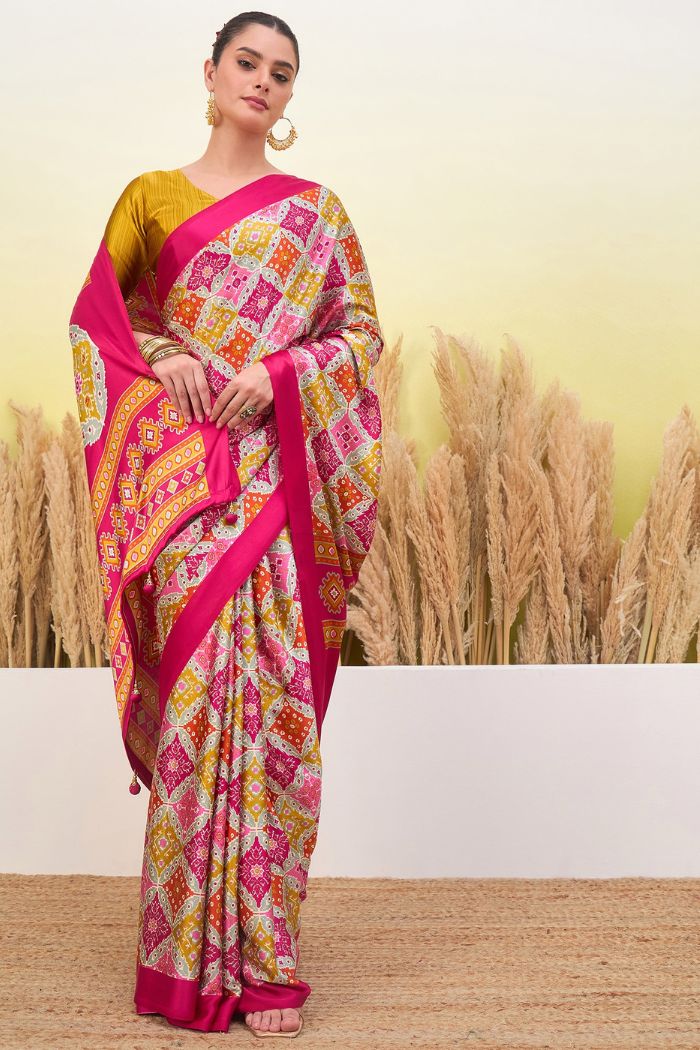Buy MySilkLove Watermelon Pink Patola Printed Satin Crepe Silk Saree Online