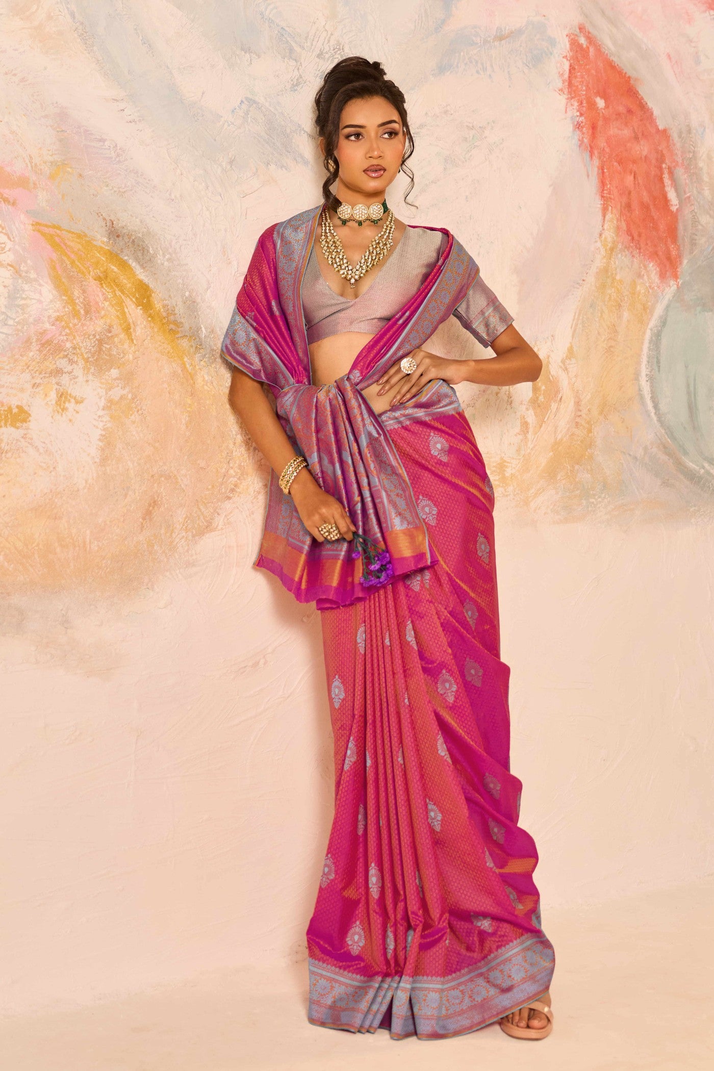 Buy MySilkLove Flamingo Pink Woven Tanchoi Kanjivaram Saree Online