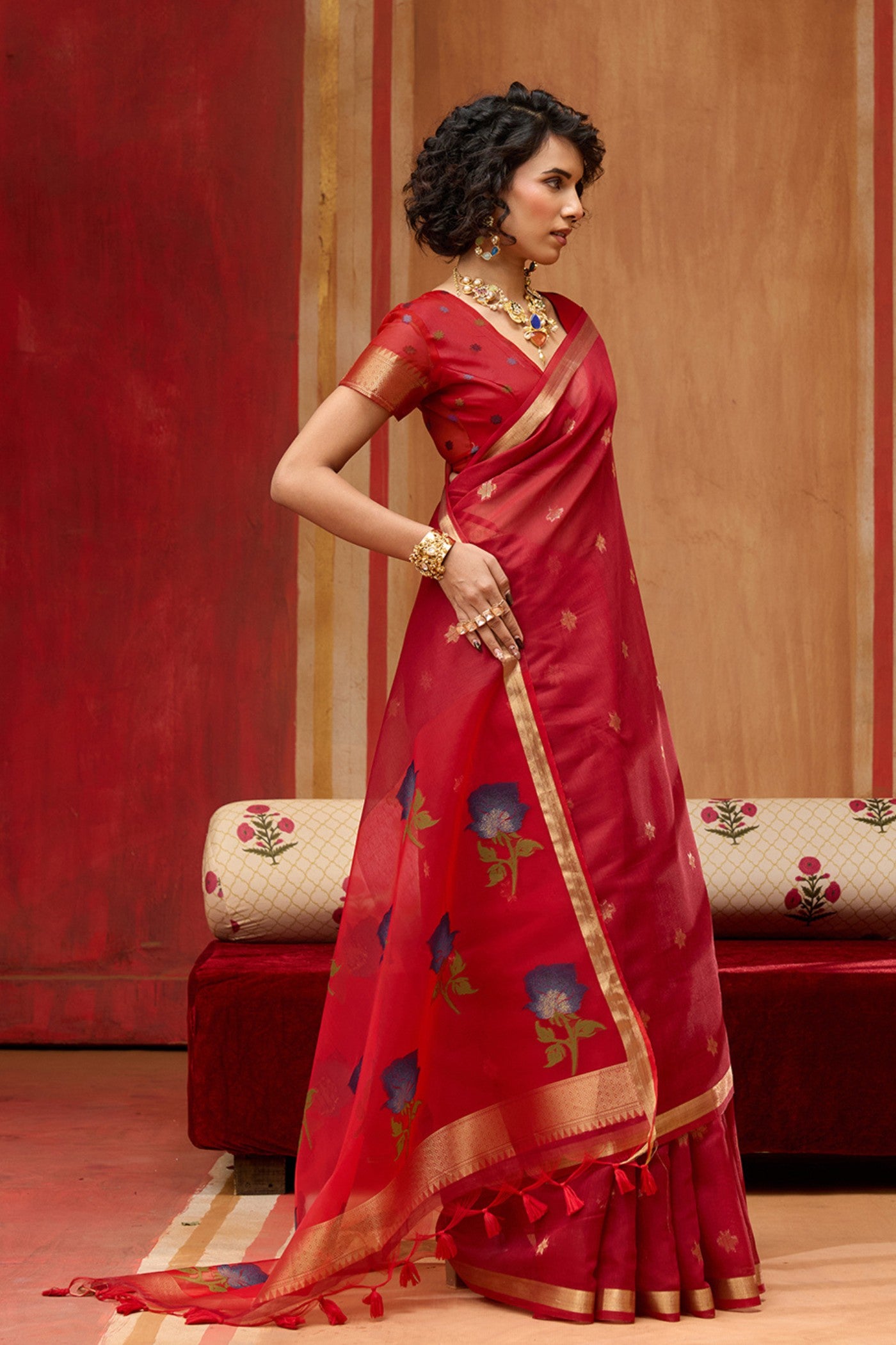 Buy MySilkLove Wine Red Handloom Muga Cotton Saree Online