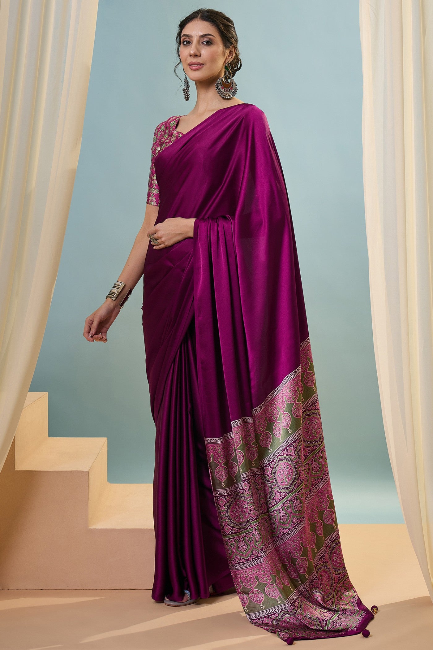 Buy MySilkLove Glassfire Purple Ajrakh Printed Satin Crepe Silk Saree Online