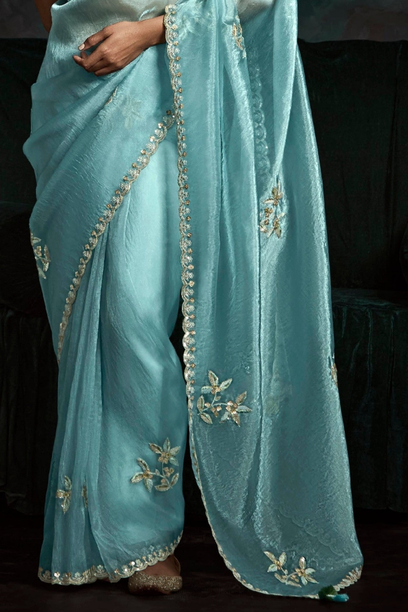 Buy MySilkLove Smalt Blue Embroidered Tissue Designer Saree Online