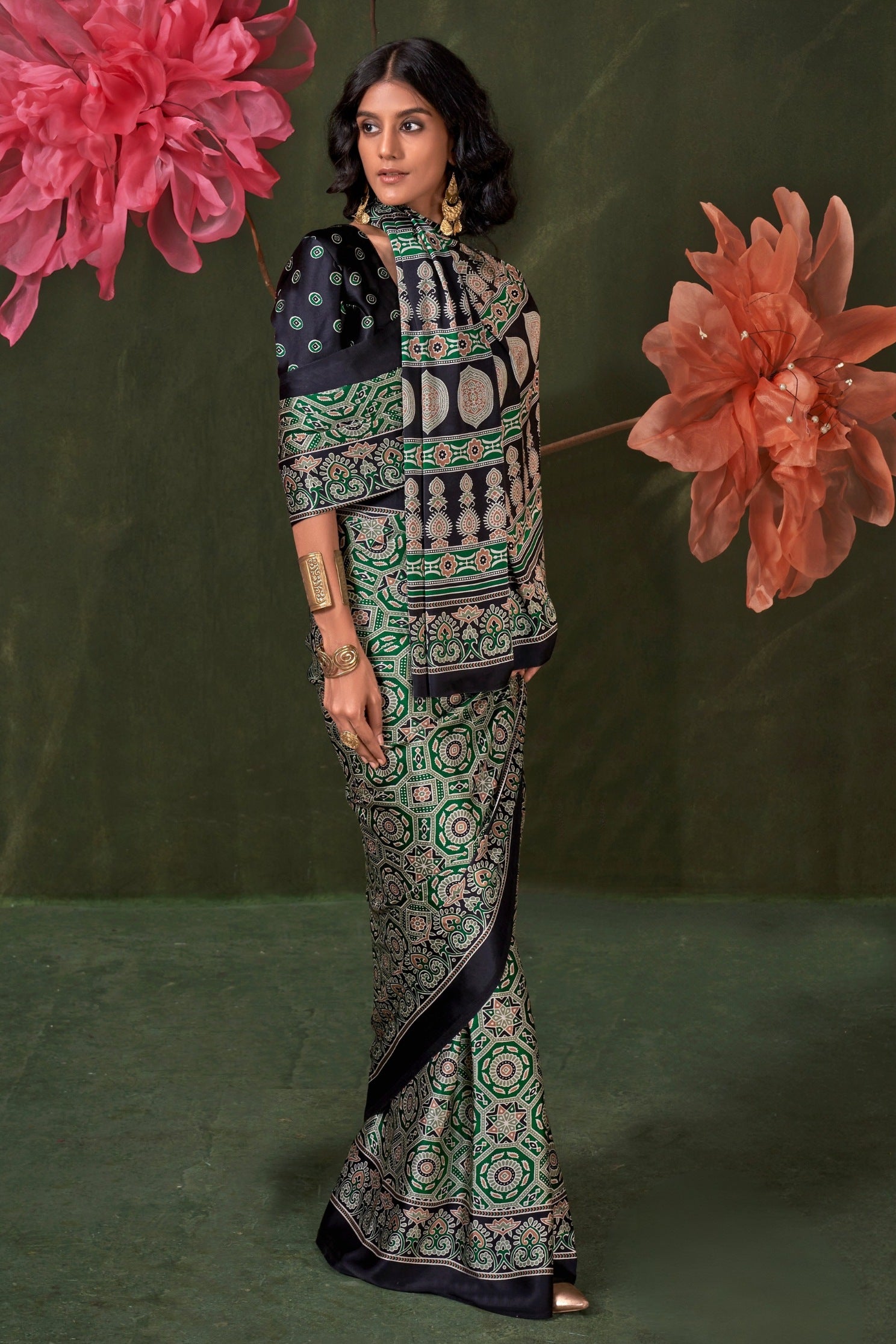 Buy MySilkLove Castleton Green Ajrakh Printed Satin Crepe Silk Saree Online