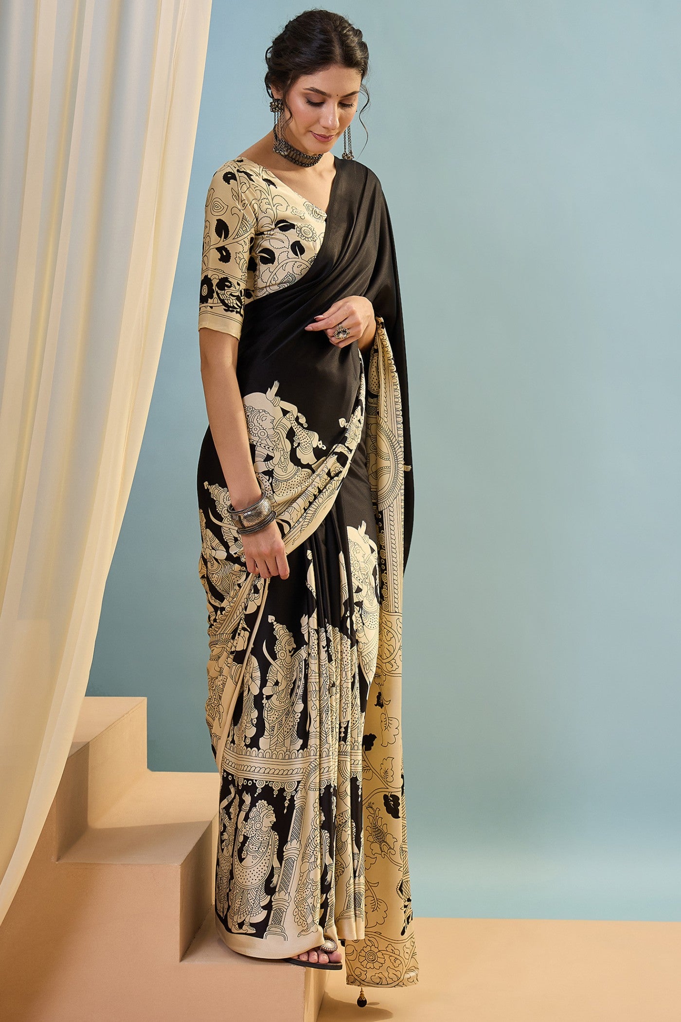 Buy MySilkLove Gunmetal Black Ajrakh Printed Satin Crepe Silk Saree Online
