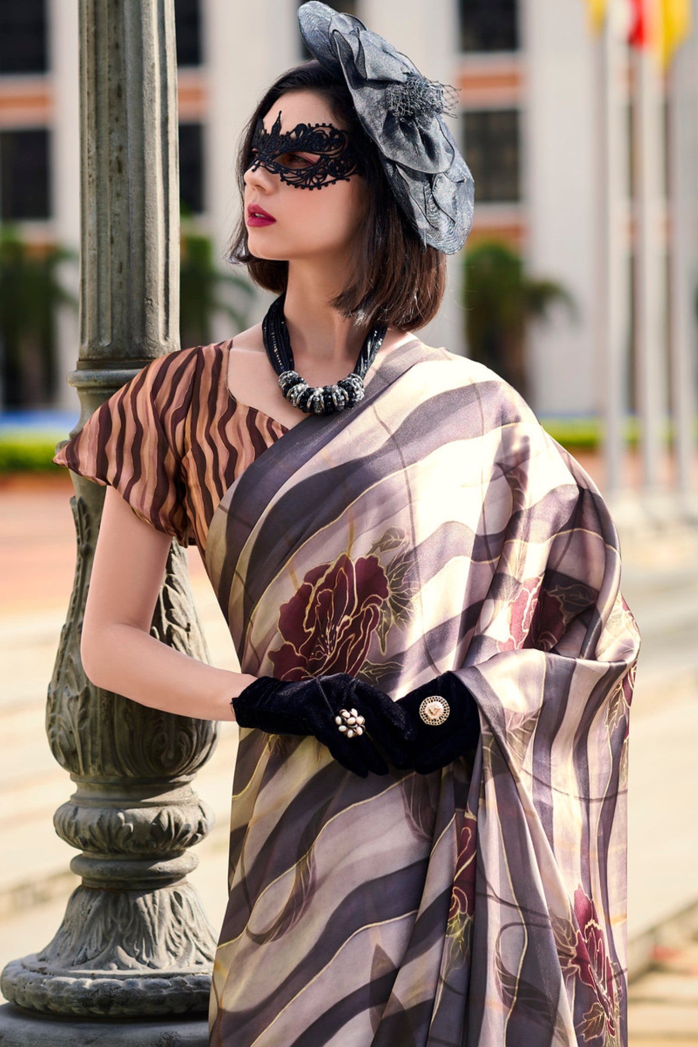 Buy MySilkLove Don Juan Brown Printed Satin Crepe Silk Saree Online