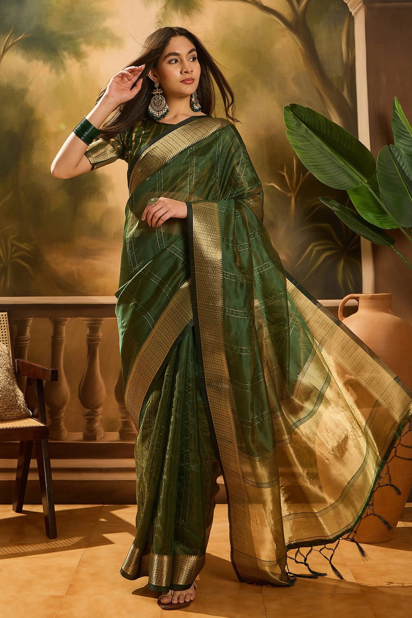 Buy MySilkLove Cadmium Green Woven Organza Saree Online