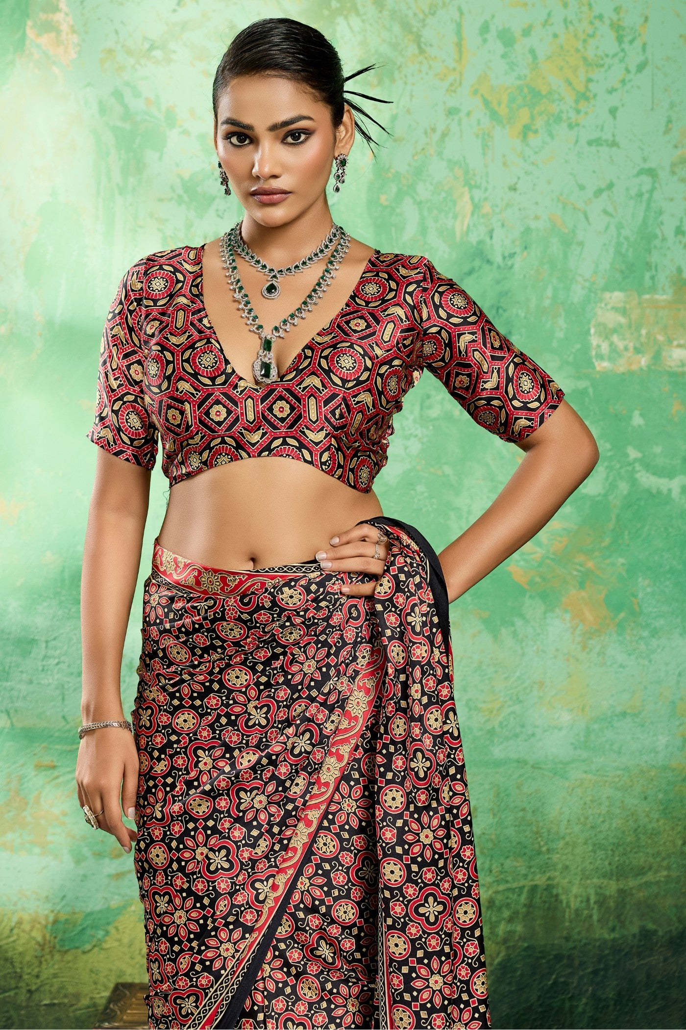 Buy MySilkLove Raven Glow Black Modal Ajrakh Satin Printed Silk Saree Online