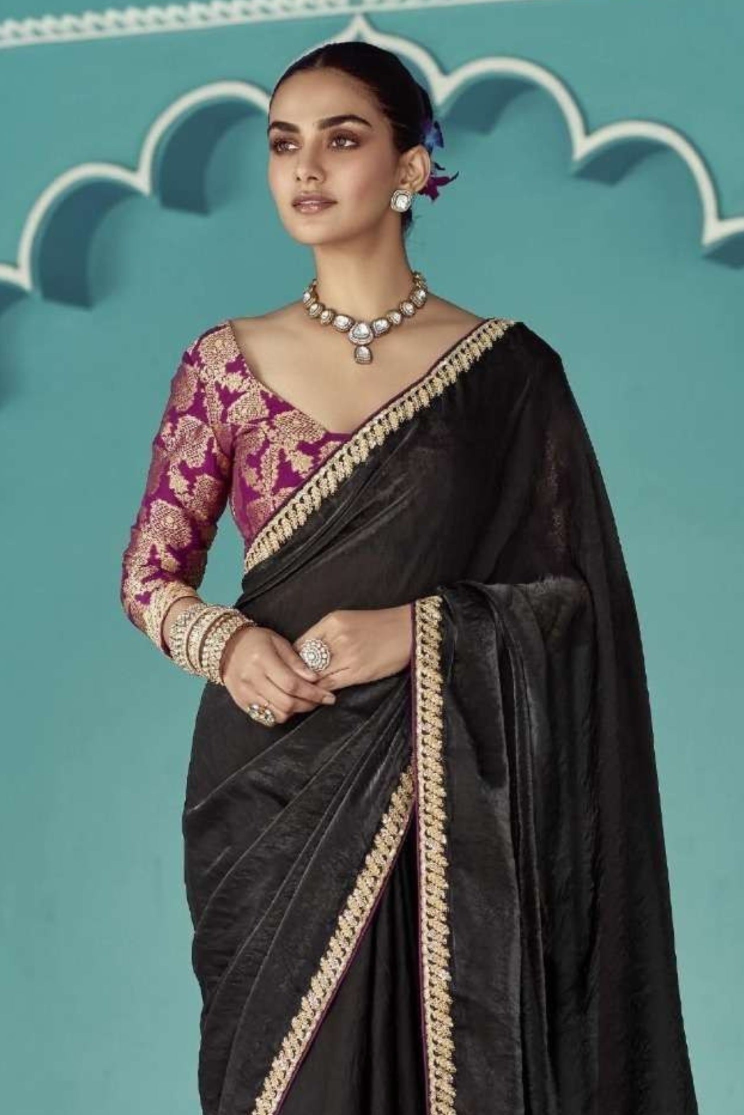 Buy MySilkLove Gunmetal Black Embroidered Tissue Designer Saree Online