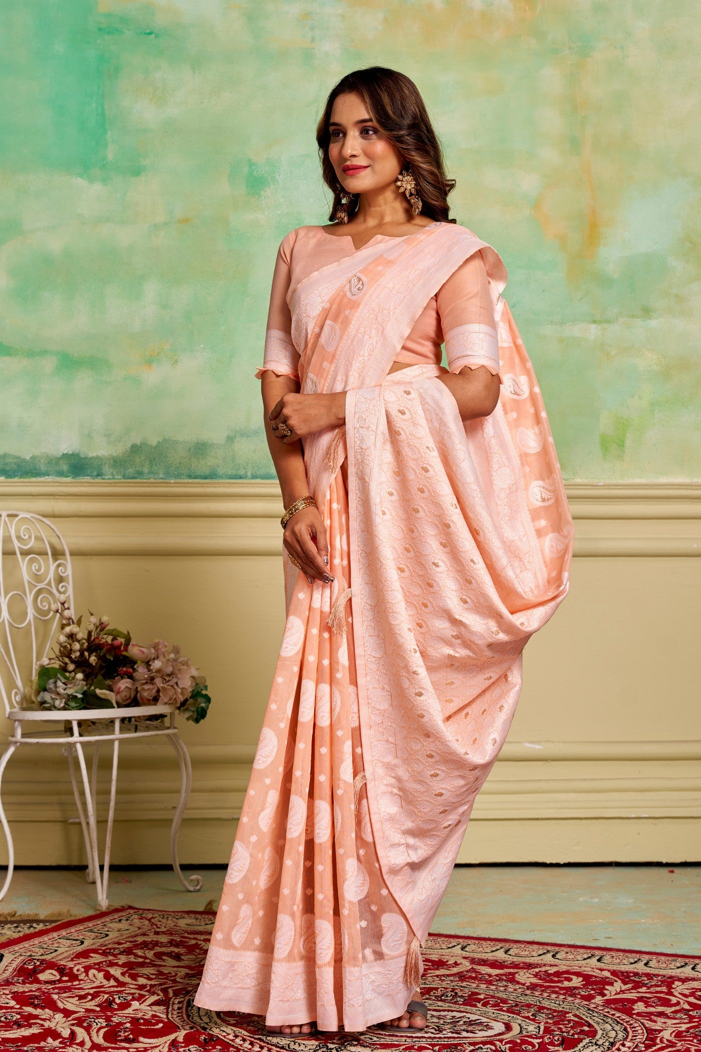 Buy MySilkLove Posy Peach Woven Cotton Saree Online