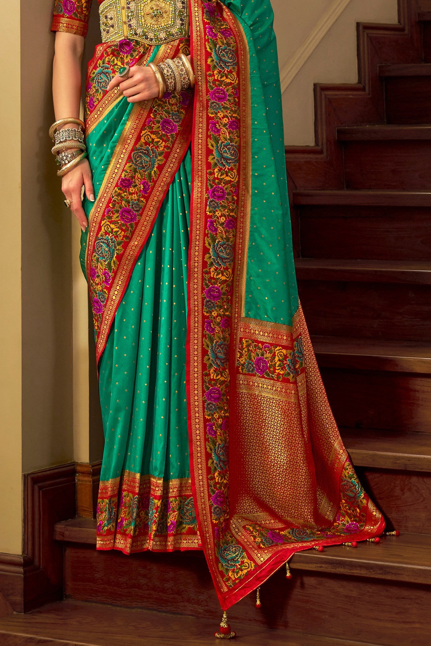 Buy MySilkLove Jewel Green Printed Banarasi Saree Online