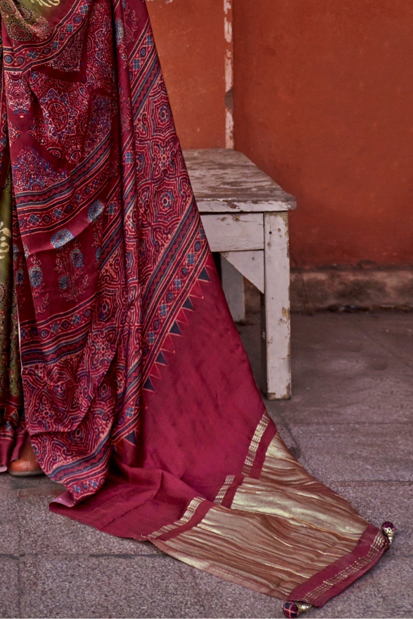 Buy MySilkLove Locust Green and Maroon Ajrakh Handprinted Satin Saree Online