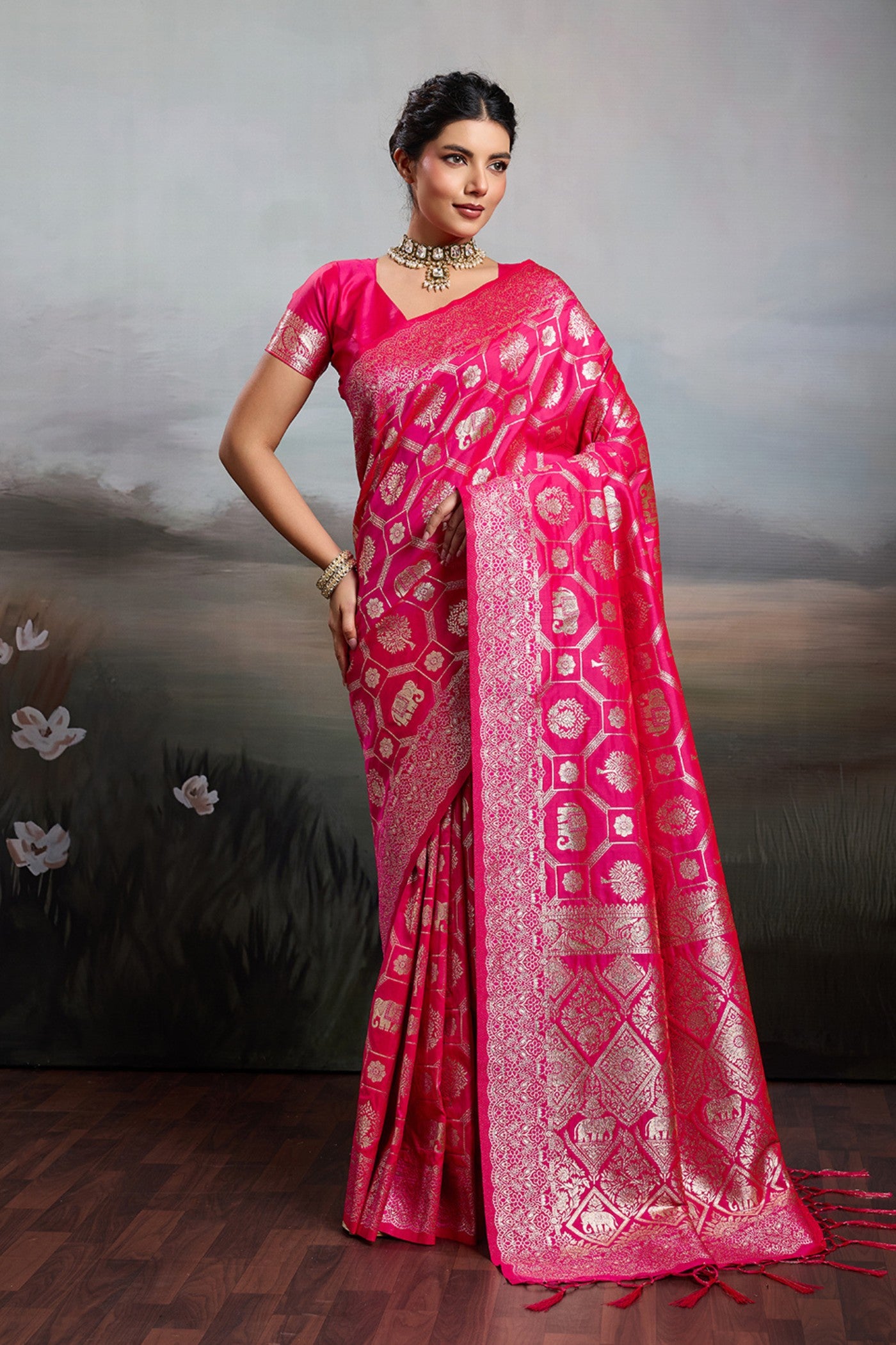 Buy MySilkLove Pizzazz Pink Woven Banarasi Soft Silk Saree Online