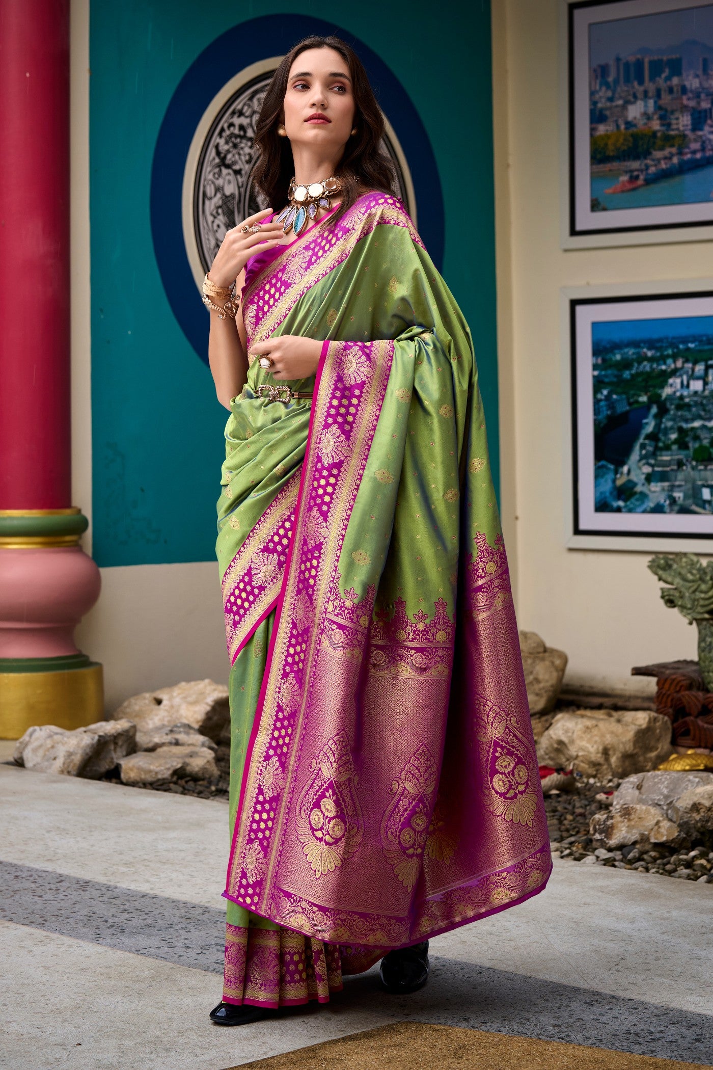 Buy MySilkLove Tecoma Green Woven Banarasi Saree Online