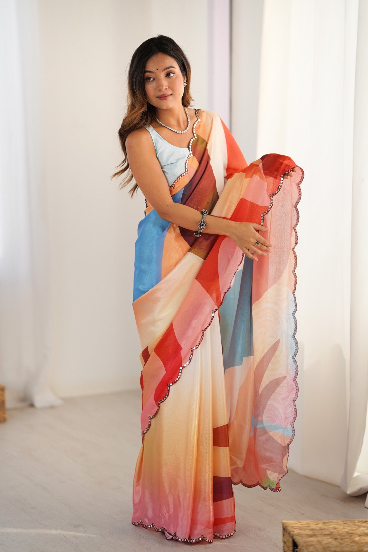 Buy MySilkLove Cream Multicolor Chinon Partywear Saree Online