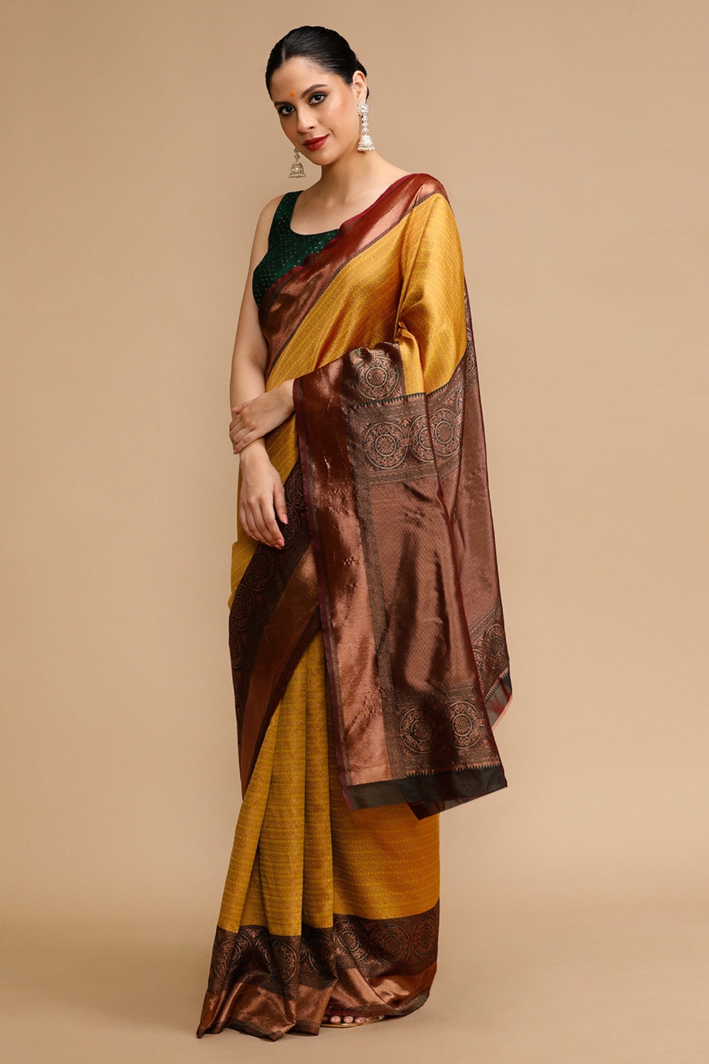 Buy MySilkLove Saffron Yellow and Green Woven Jacquard Lichi Silk Saree Online