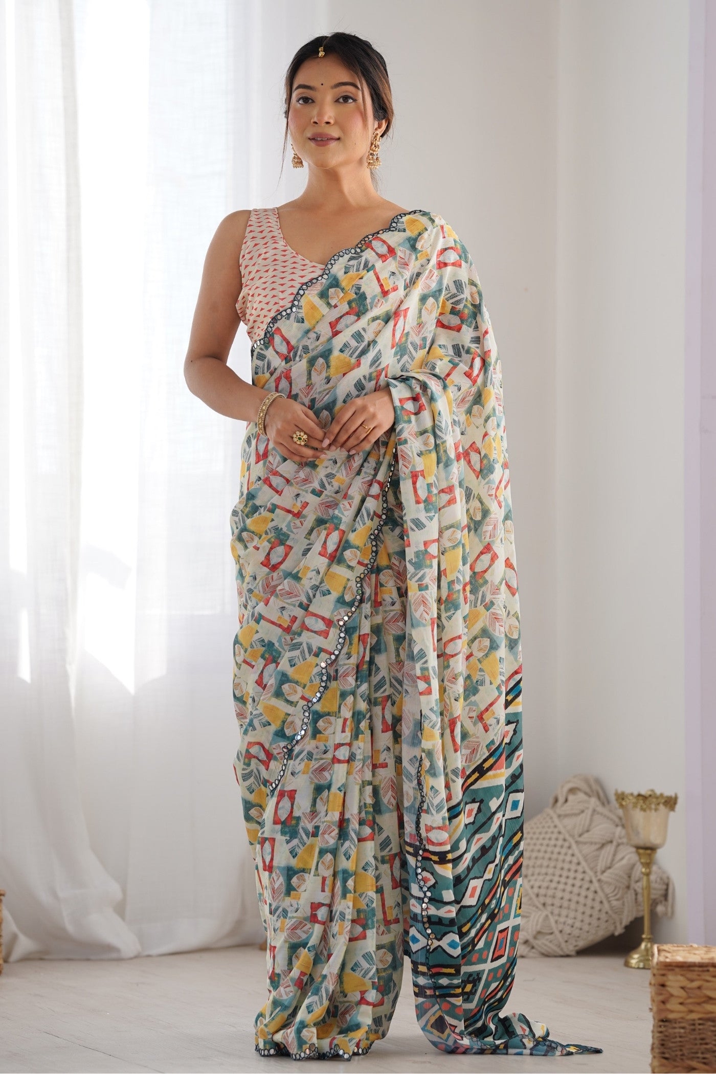 Buy MySilkLove Multicolor White Digital Printed Chinon Saree Online