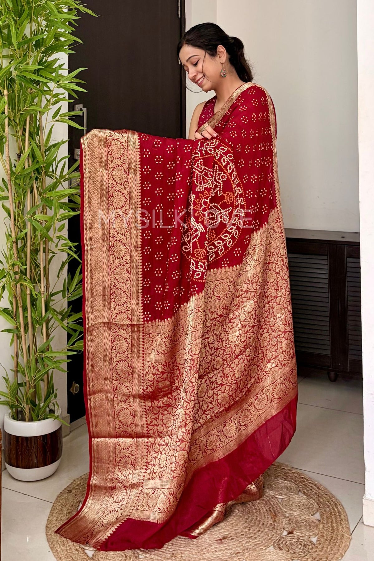 Buy MySilkLove Rust Red Bandhani Zari Woven Work Saree Online
