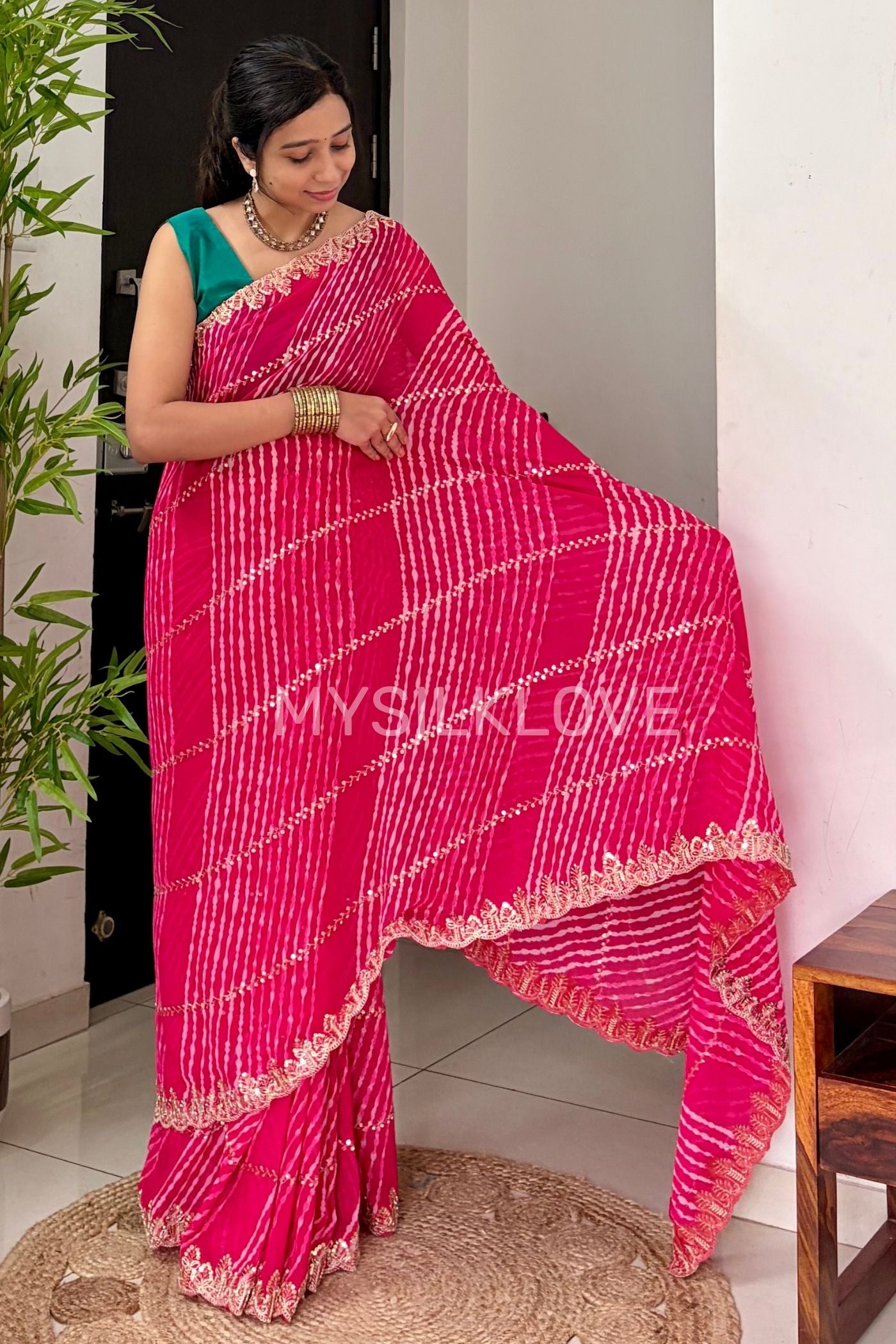 Buy MySilkLove Ruby Pink Designer Bandhani Saree with Designer Handwork Blouse Online